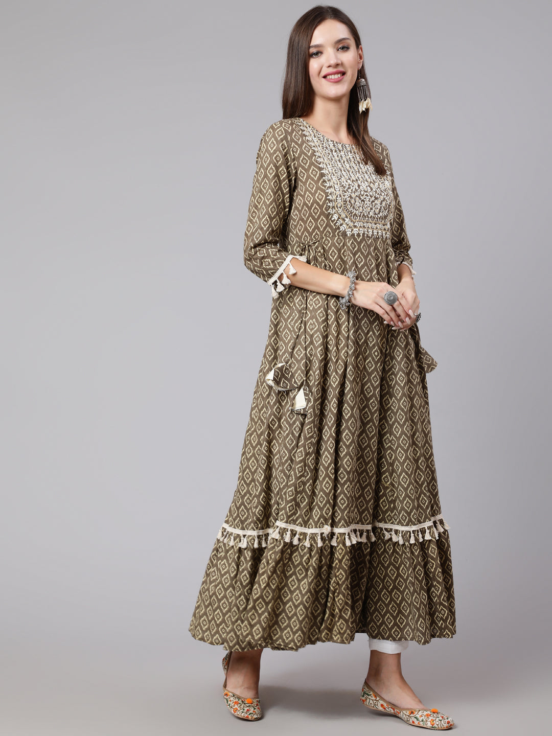 Cotton Ankle Length Printed Tiered 3/4 Sleeve Round Neck Kurta