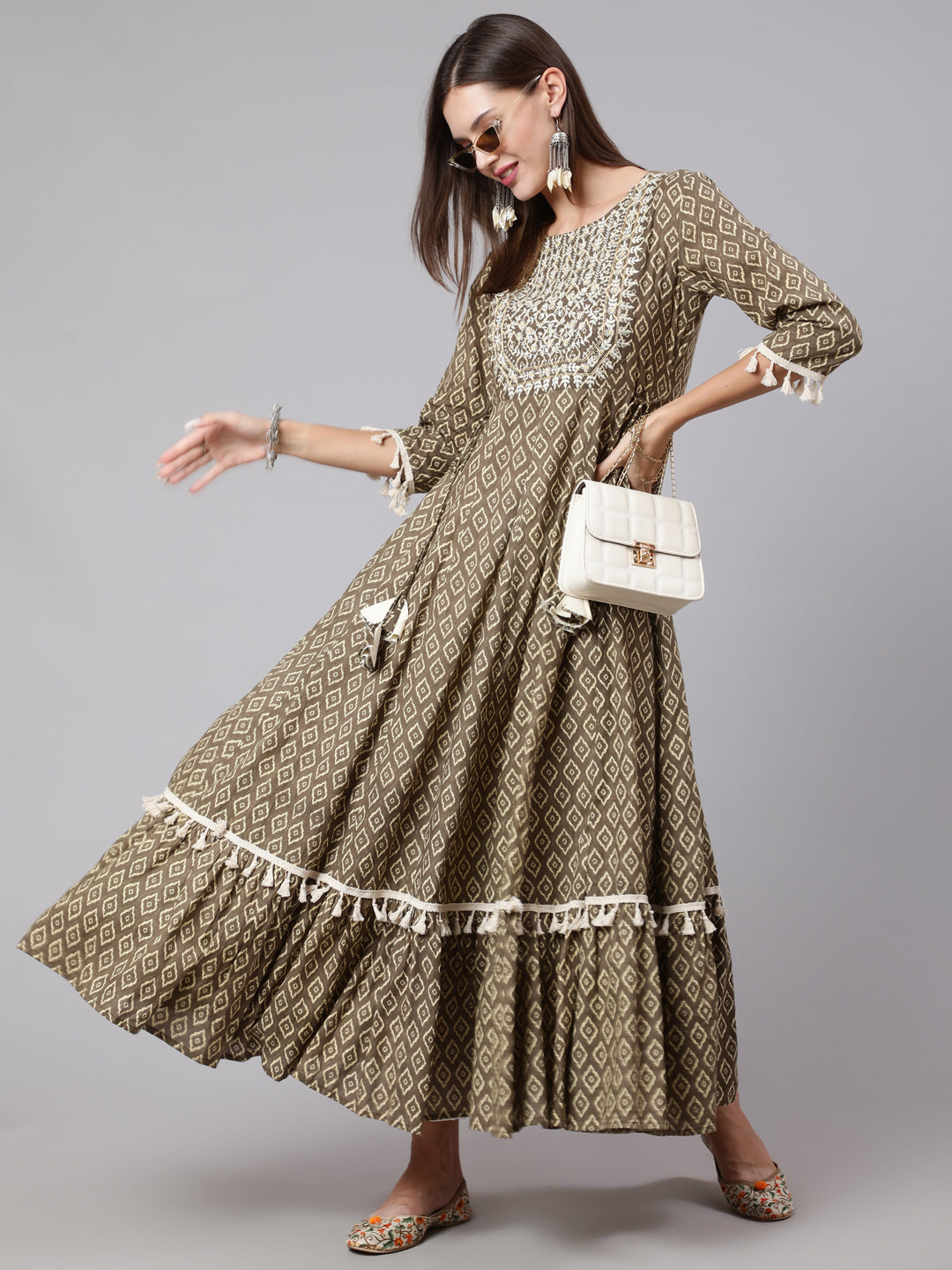 Cotton Ankle Length Printed Tiered 3/4 Sleeve Round Neck Kurta
