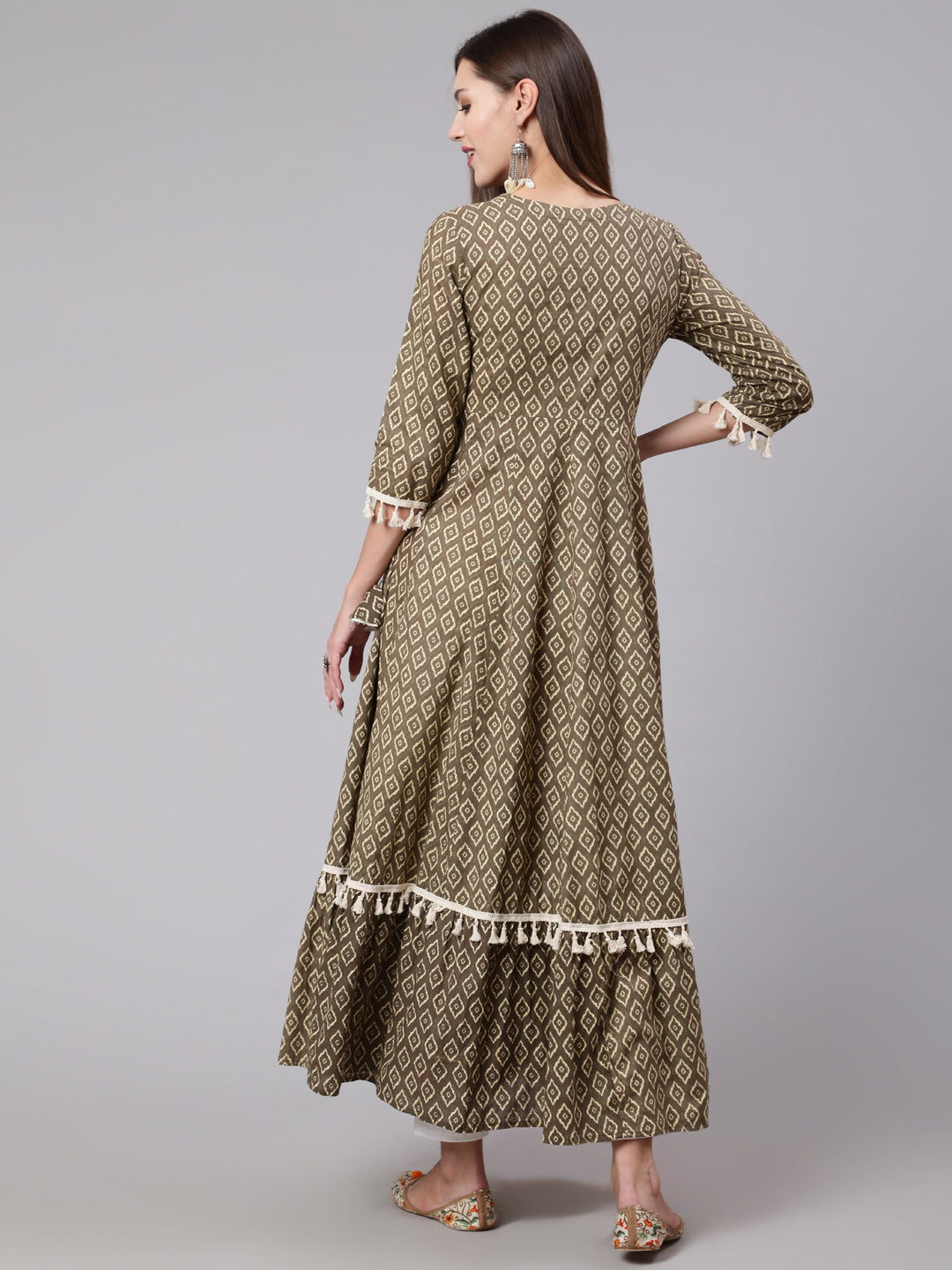 Cotton Ankle Length Printed Tiered 3/4 Sleeve Round Neck Kurta