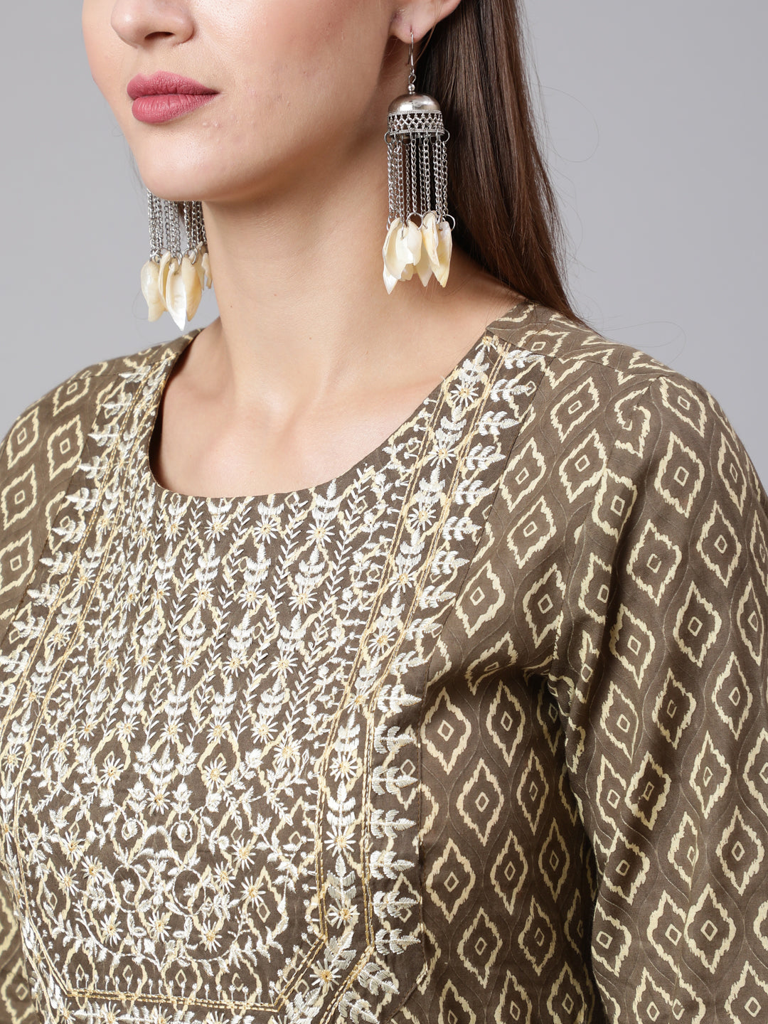 Cotton Ankle Length Printed Tiered 3/4 Sleeve Round Neck Kurta