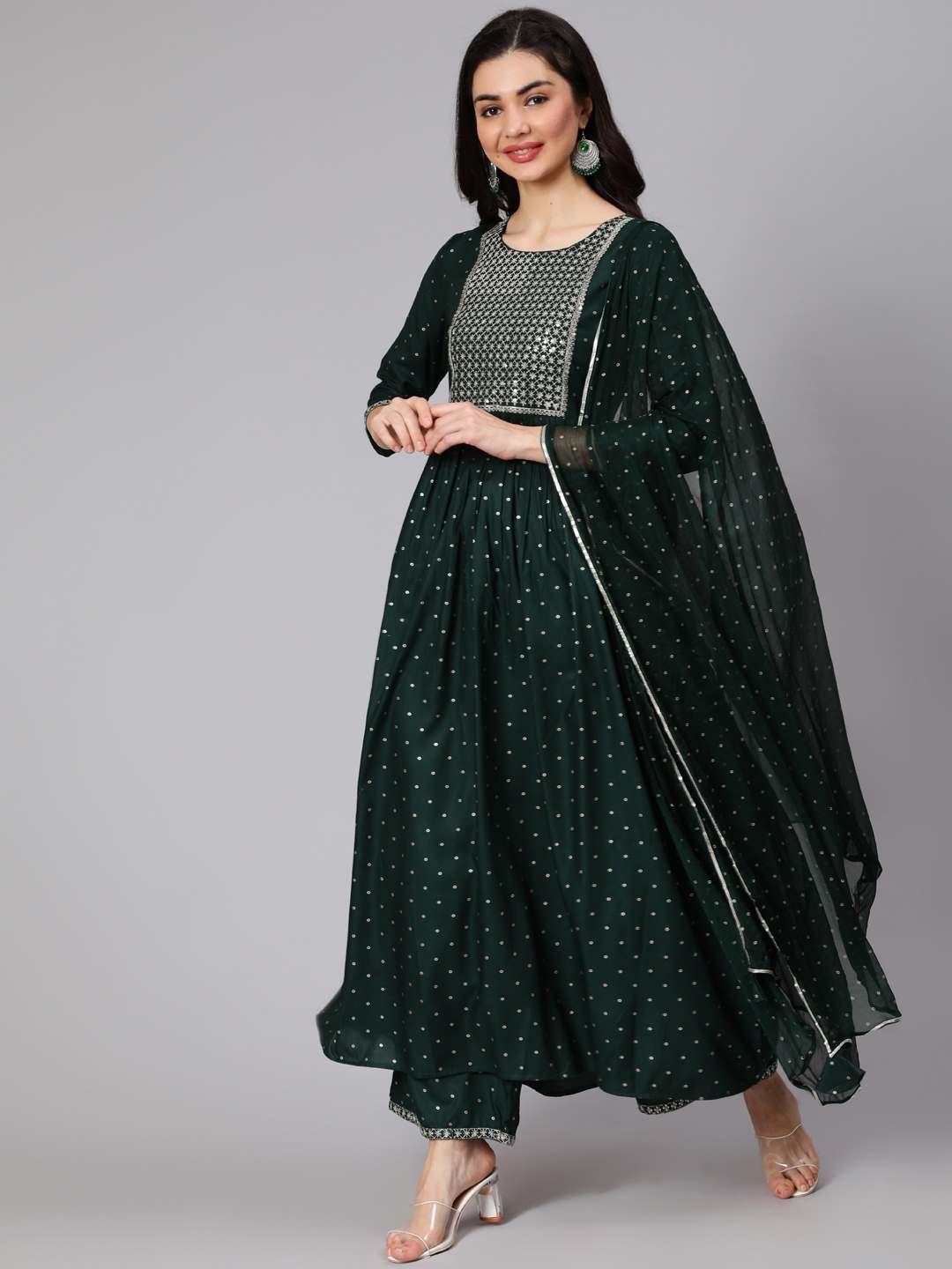 Rayon Slub Calf Length Sequence Flared 3/4 Sleeve Round Neck Kurta Set With Dupatta