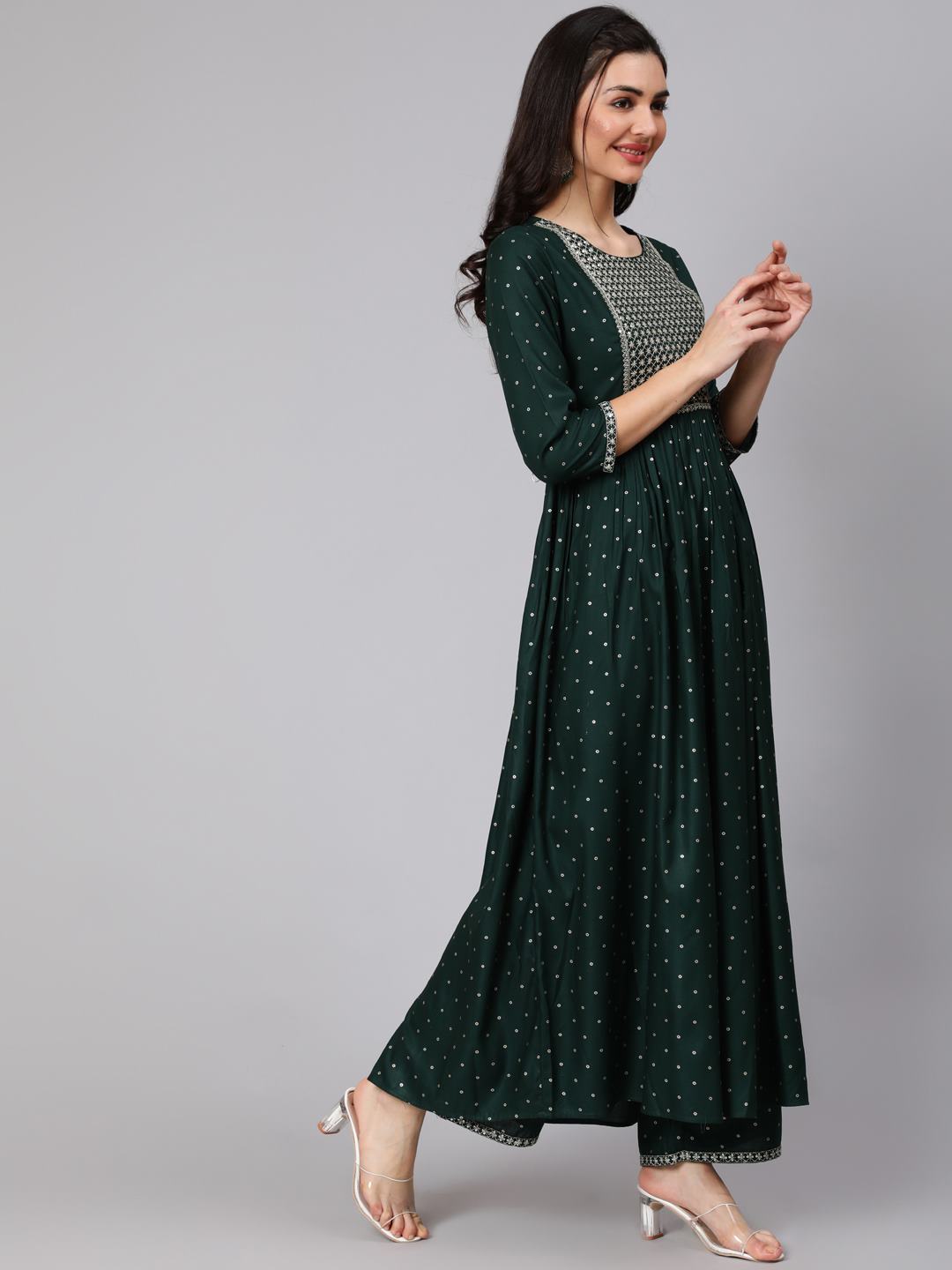 Rayon Slub Calf Length Sequence Flared 3/4 Sleeve Round Neck Kurta Set With Dupatta