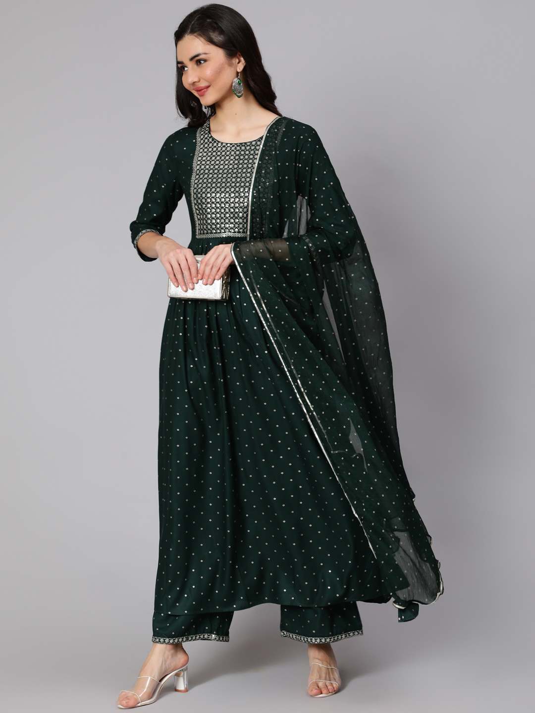 Rayon Slub Calf Length Sequence Flared 3/4 Sleeve Round Neck Kurta Set With Dupatta