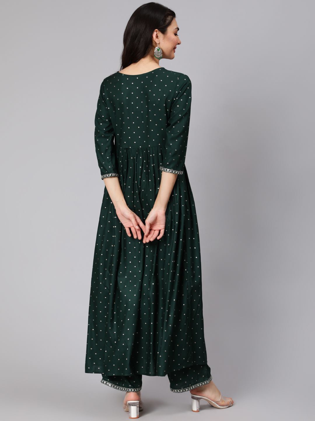 Rayon Slub Calf Length Sequence Flared 3/4 Sleeve Round Neck Kurta Set With Dupatta