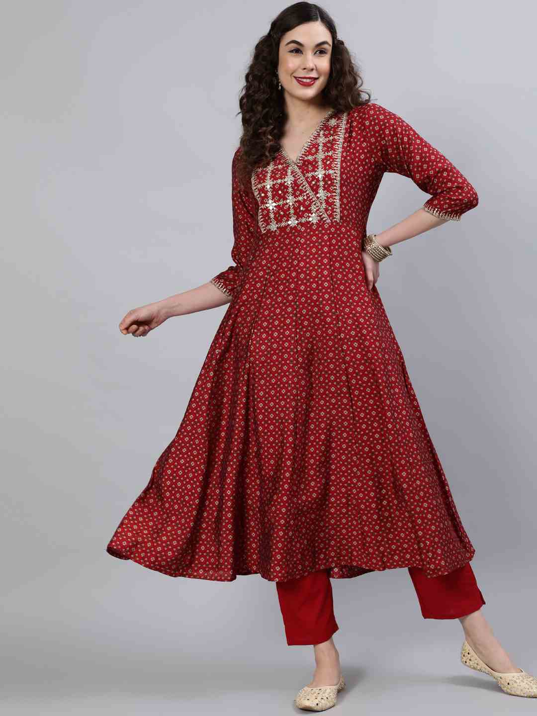 Rayon V- Neck 3/4 Sleeve Printed A-Line Kurta Set