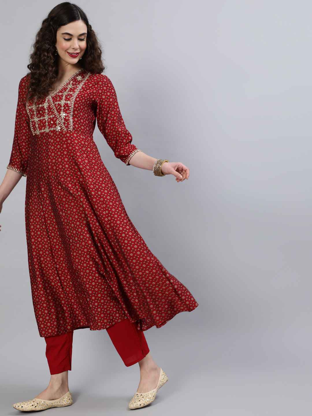 Rayon V- Neck 3/4 Sleeve Printed A-Line Kurta Set