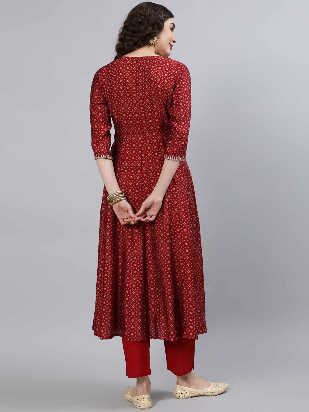 Rayon V- Neck 3/4 Sleeve Printed A-Line Kurta Set
