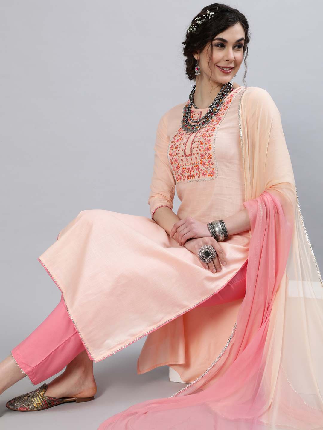 Rayon Slub Round Neck 3/4 Sleeve Embroidered Straight Chiffon Dupatta Kurta Set