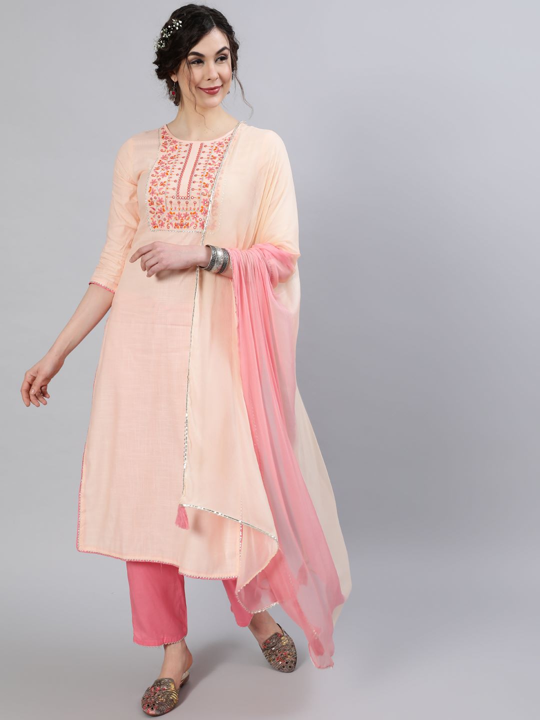 Rayon Slub Round Neck 3/4 Sleeve Embroidered Straight Chiffon Dupatta Kurta Set