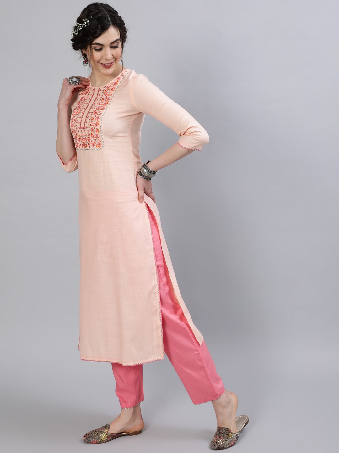 Rayon Slub Round Neck 3/4 Sleeve Embroidered Straight Chiffon Dupatta Kurta Set