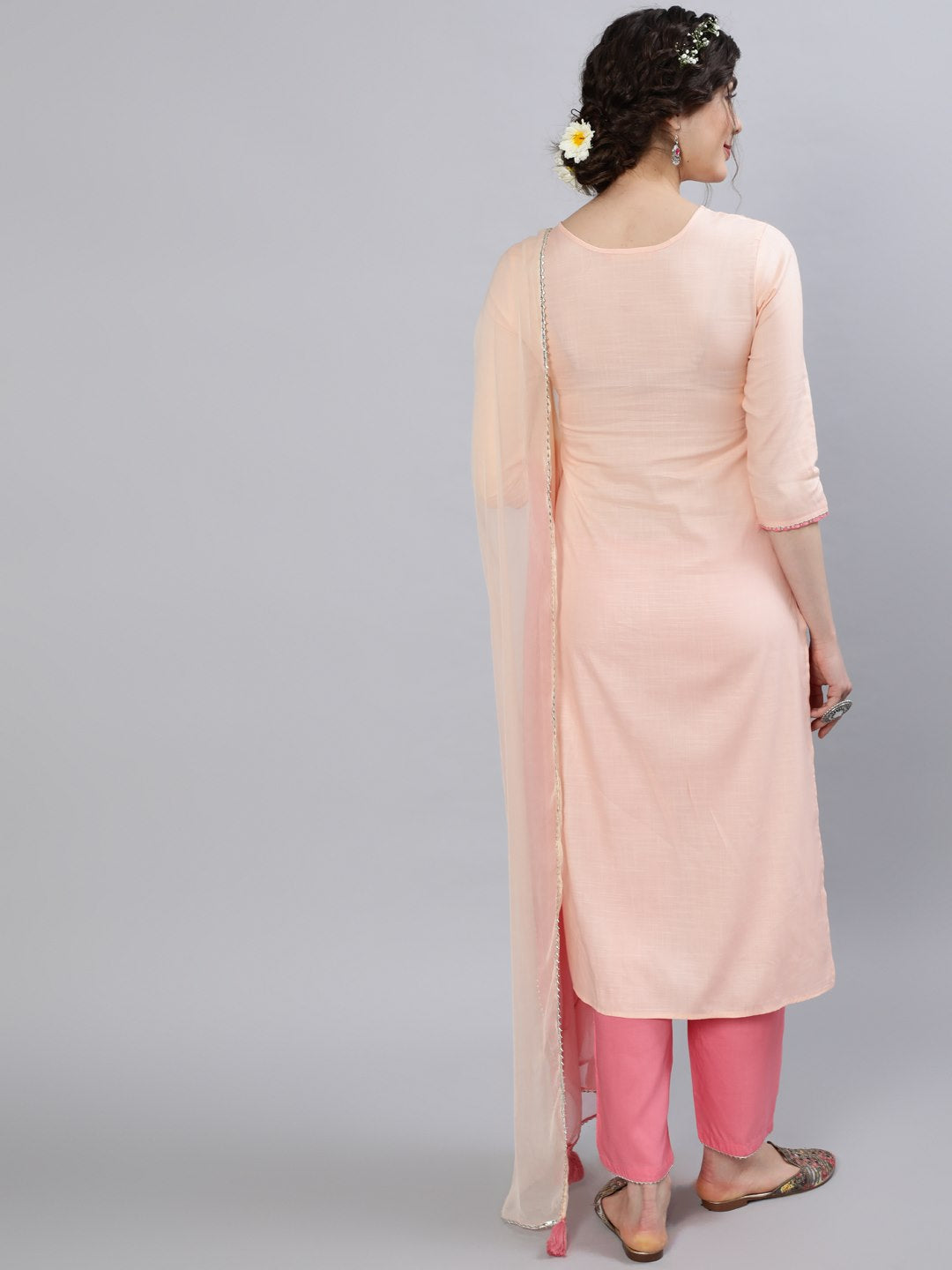 Rayon Slub Round Neck 3/4 Sleeve Embroidered Straight Chiffon Dupatta Kurta Set