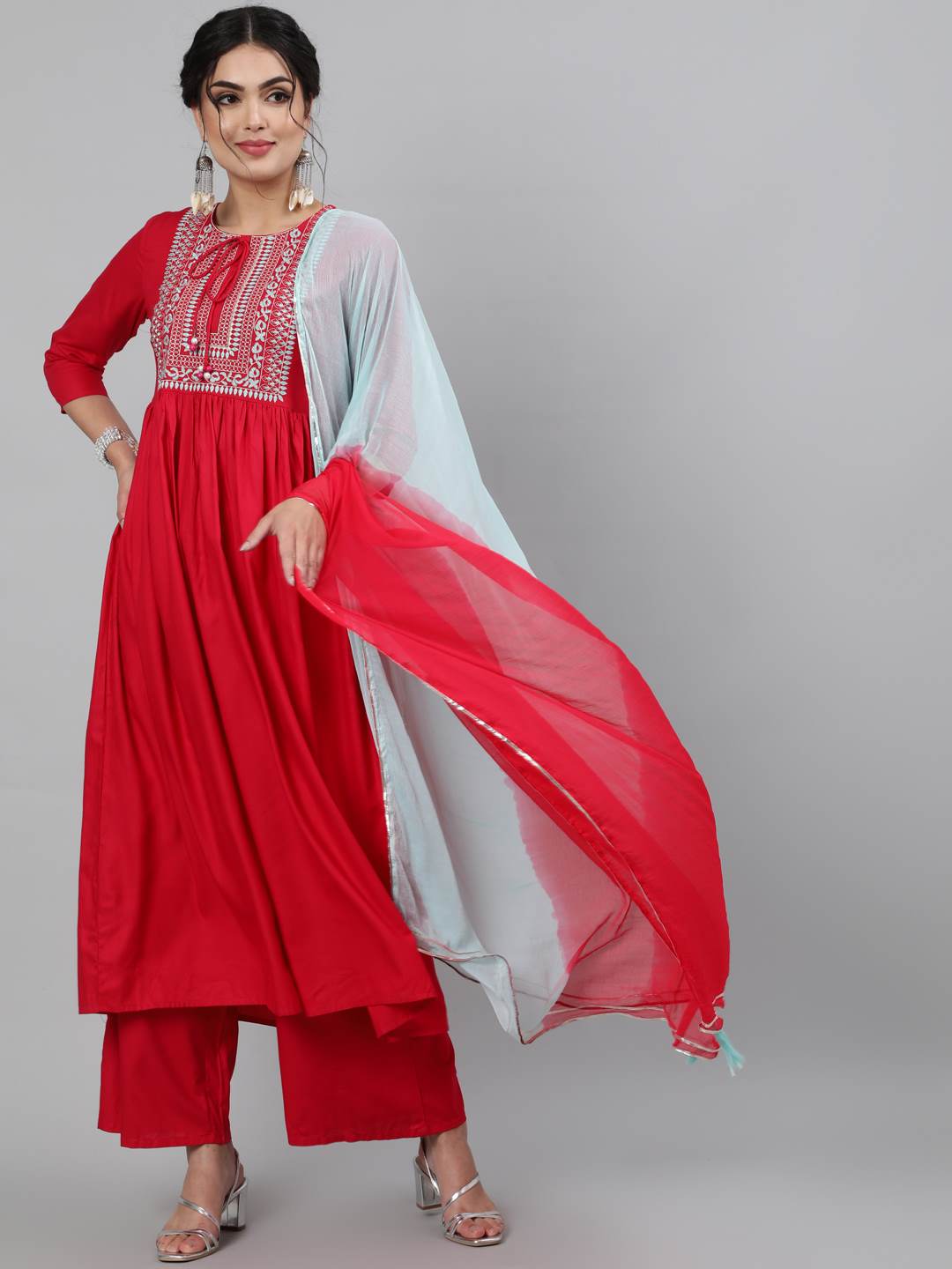 Rayon Round Neck 3/4 Sleeve Embroidered Flared Kurta, Palazzo & Chiffon Tie-Dye Dupatta Set