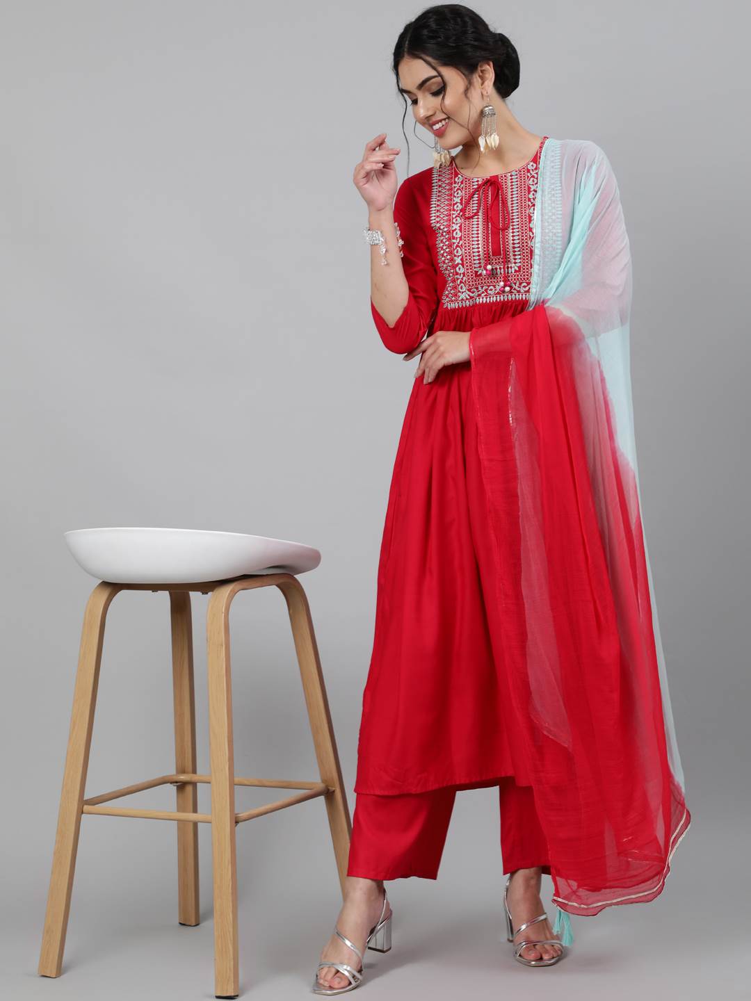 Rayon Round Neck 3/4 Sleeve Embroidered Flared Kurta, Palazzo & Chiffon Tie-Dye Dupatta Set