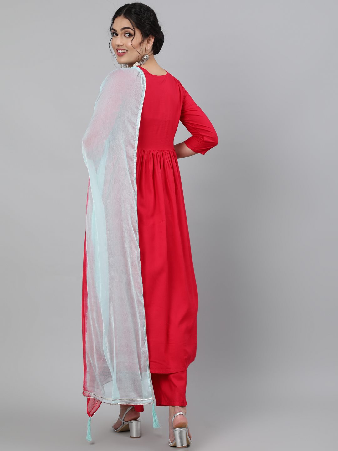 Rayon Round Neck 3/4 Sleeve Embroidered Flared Kurta, Palazzo & Chiffon Tie-Dye Dupatta Set
