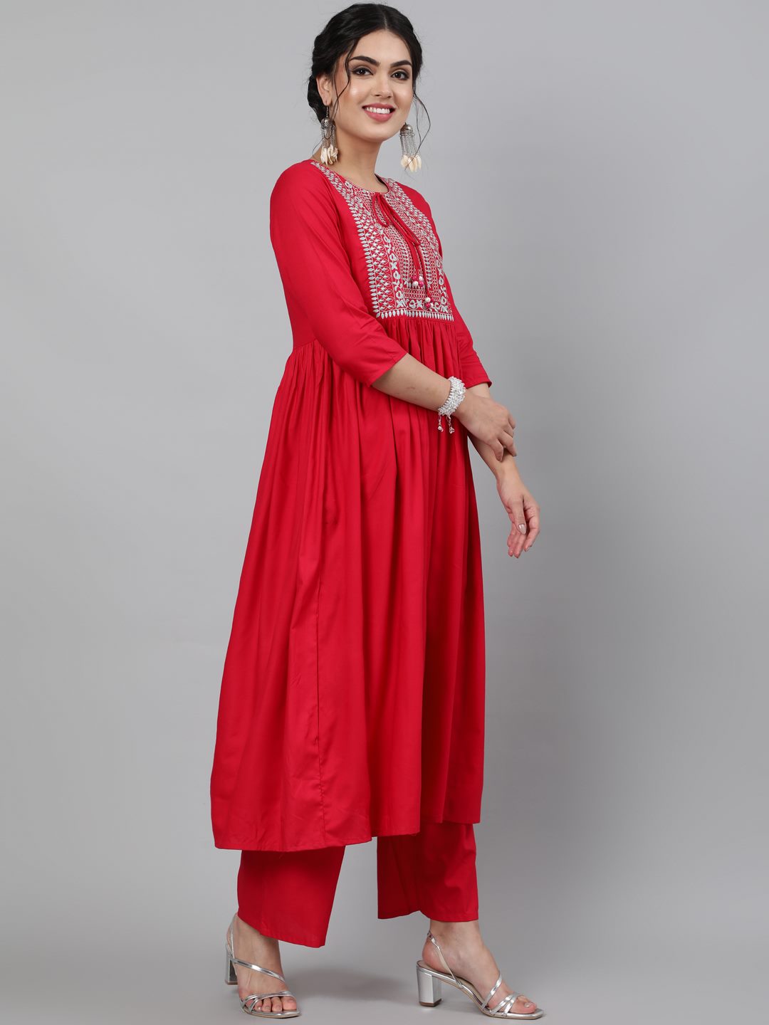 Rayon Round Neck 3/4 Sleeve Embroidered Flared Kurta, Palazzo & Chiffon Tie-Dye Dupatta Set