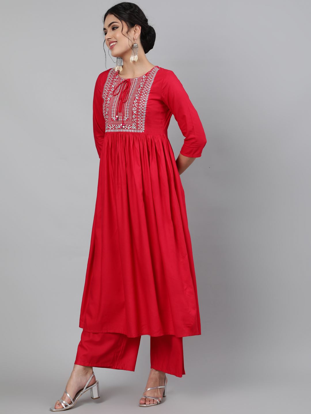 Rayon Round Neck 3/4 Sleeve Embroidered Flared Kurta, Palazzo & Chiffon Tie-Dye Dupatta Set