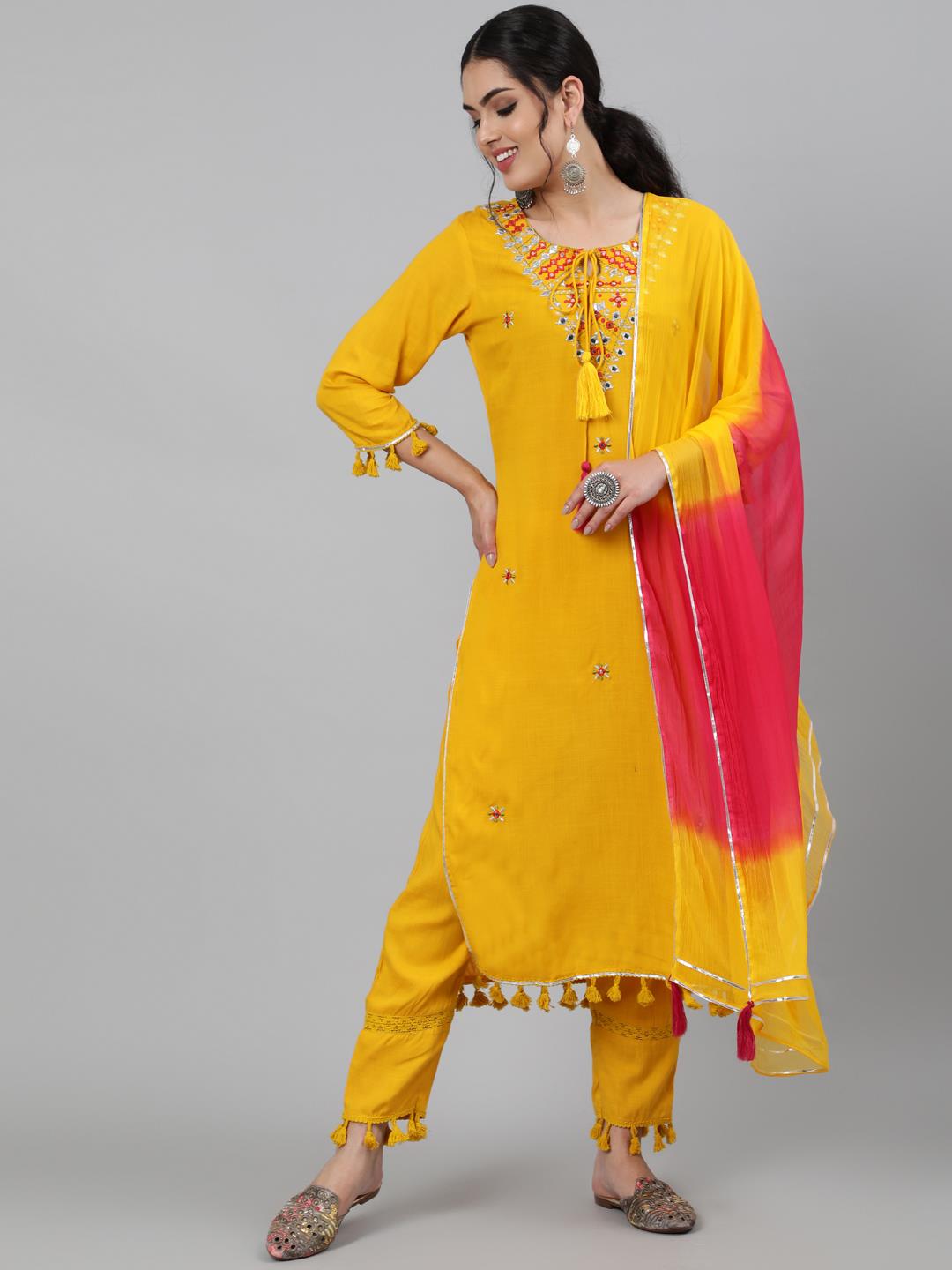 Rayon Slub Round Neck 3/4 Sleeve Embroidered Straight Kurta, Pant & Chiffon Tie-Dye Dupatta Set