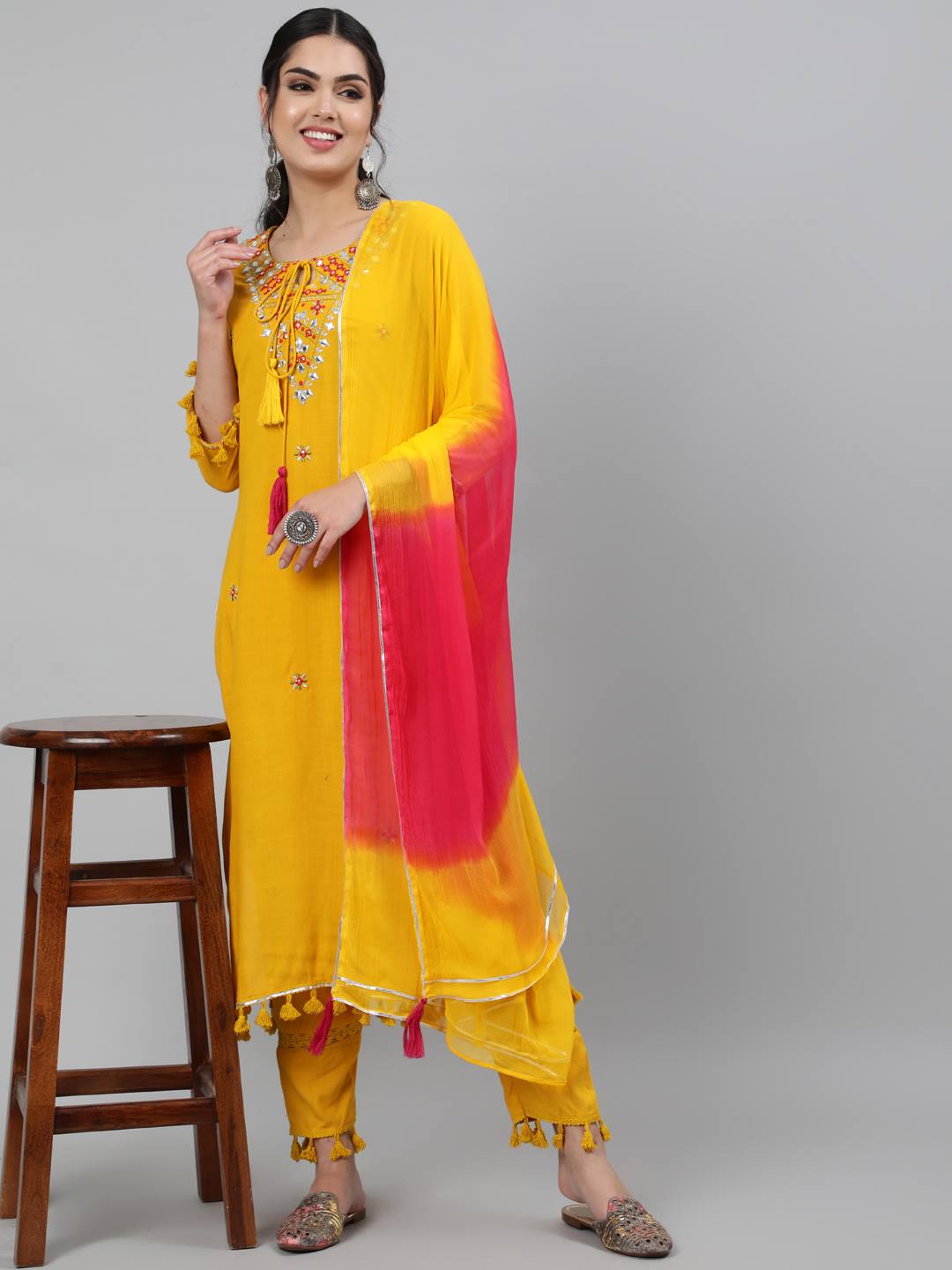 Rayon Slub Round Neck 3/4 Sleeve Embroidered Straight Kurta, Pant & Chiffon Tie-Dye Dupatta Set
