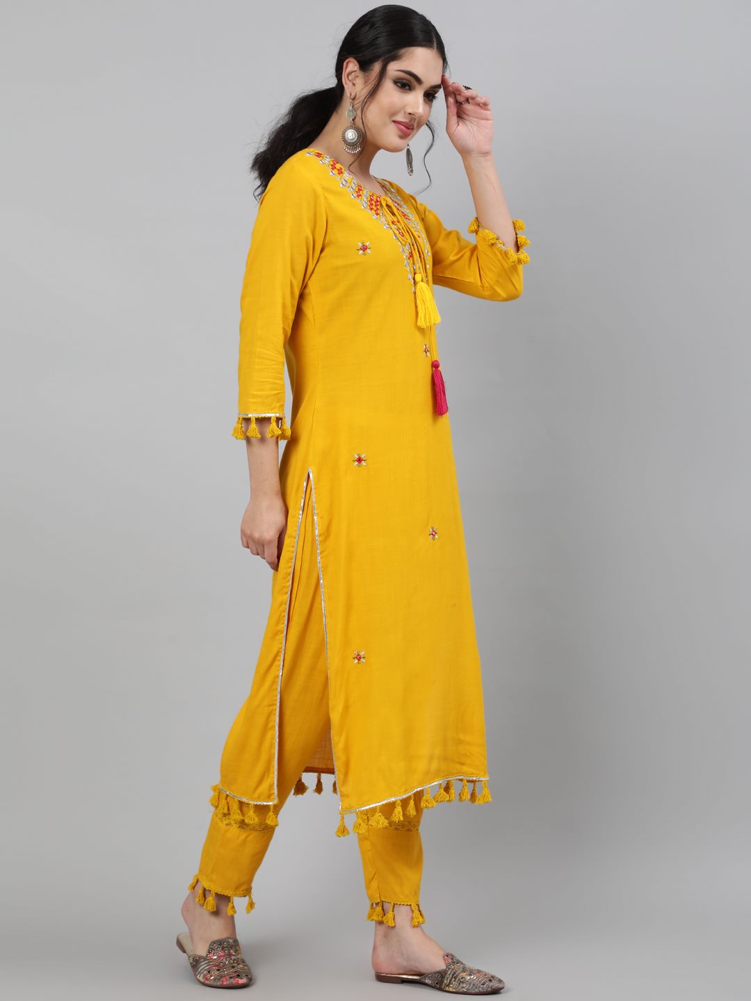 Rayon Slub Round Neck 3/4 Sleeve Embroidered Straight Kurta, Pant & Chiffon Tie-Dye Dupatta Set