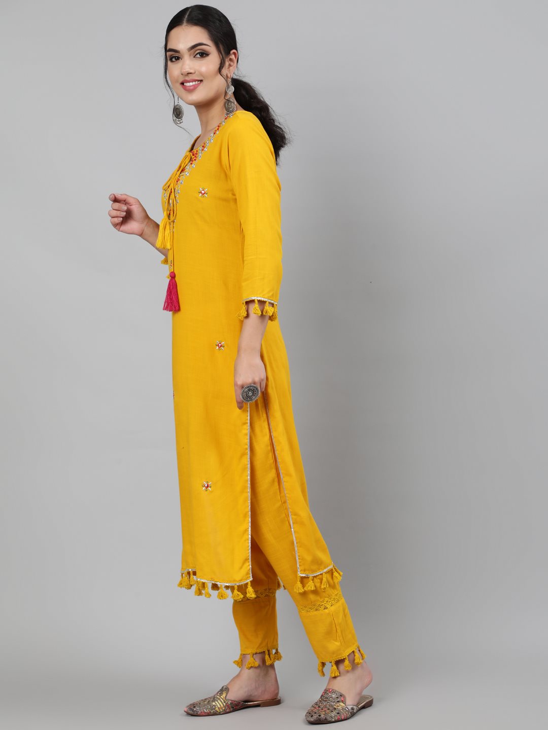 Rayon Slub Round Neck 3/4 Sleeve Embroidered Straight Kurta, Pant & Chiffon Tie-Dye Dupatta Set
