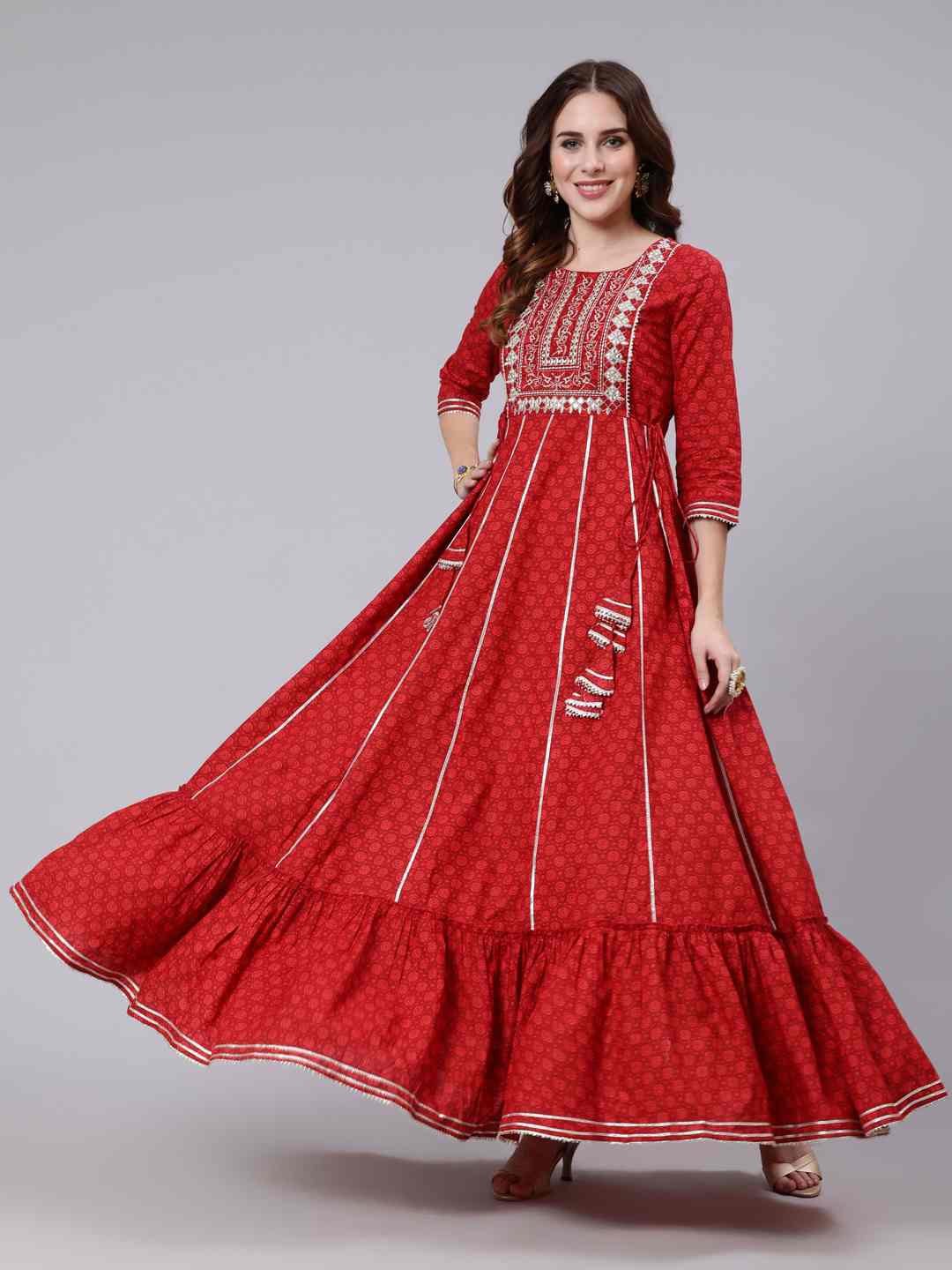 Cotton Round Neck 3/4 Sleeve Embroidered Flared Kurta