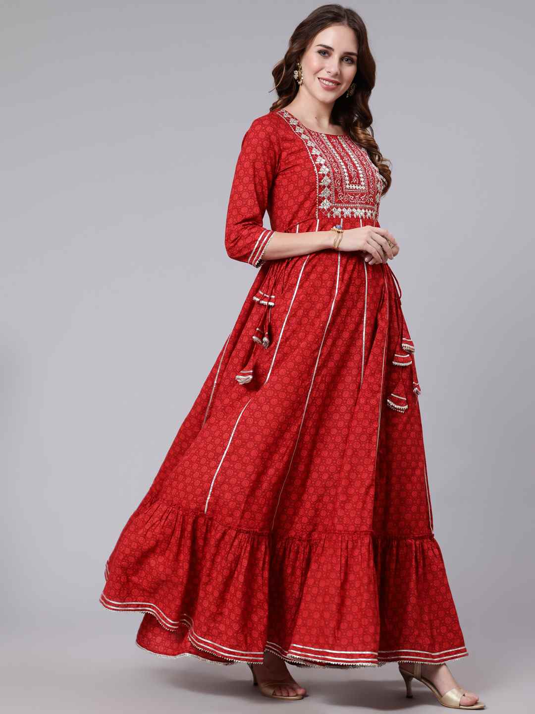 Cotton Round Neck 3/4 Sleeve Embroidered Flared Kurta