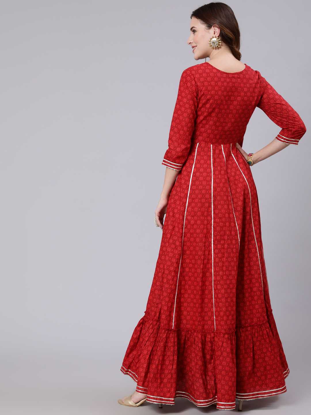 Cotton Round Neck 3/4 Sleeve Embroidered Flared Kurta