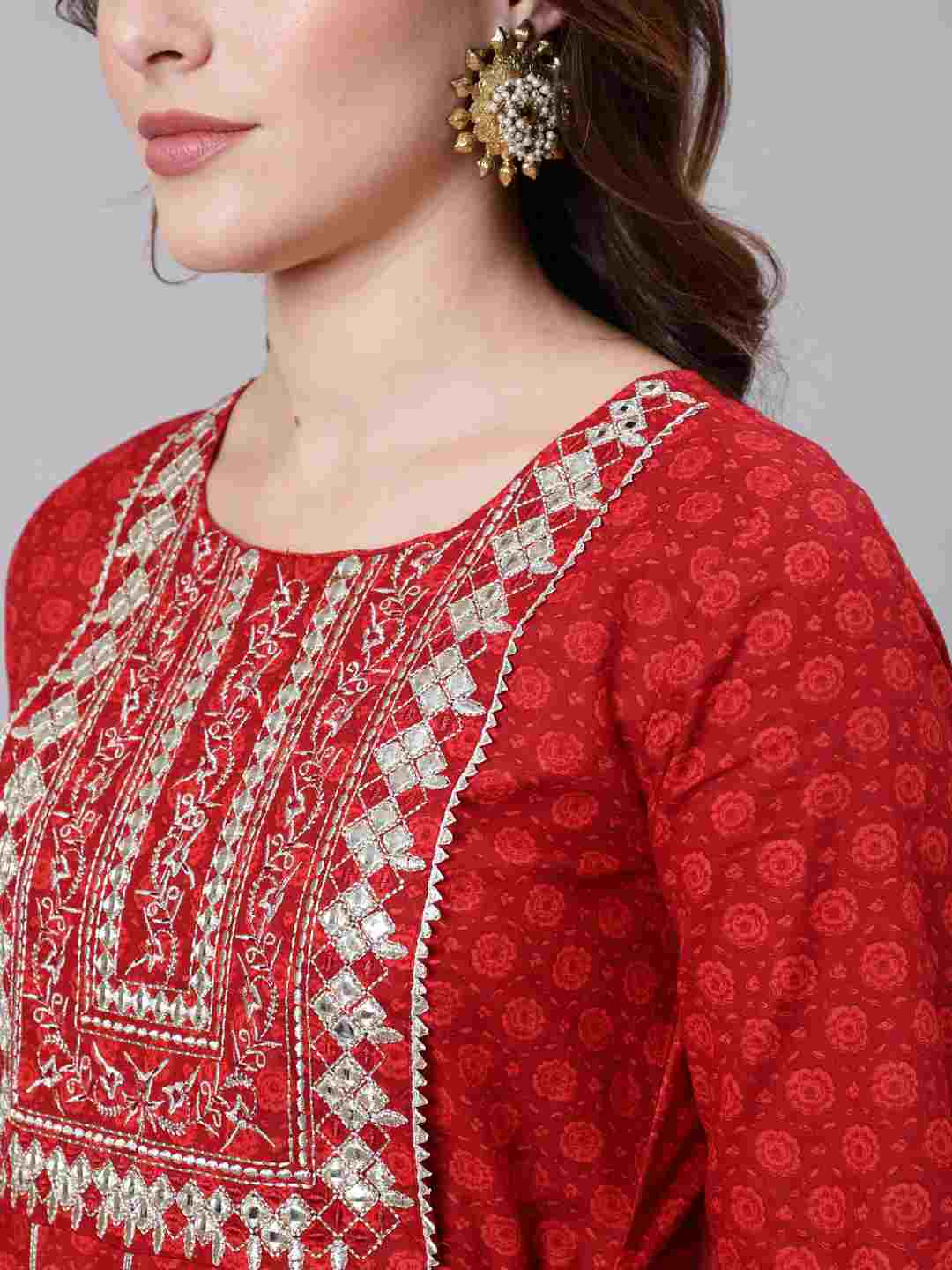 Cotton Round Neck 3/4 Sleeve Embroidered Flared Kurta