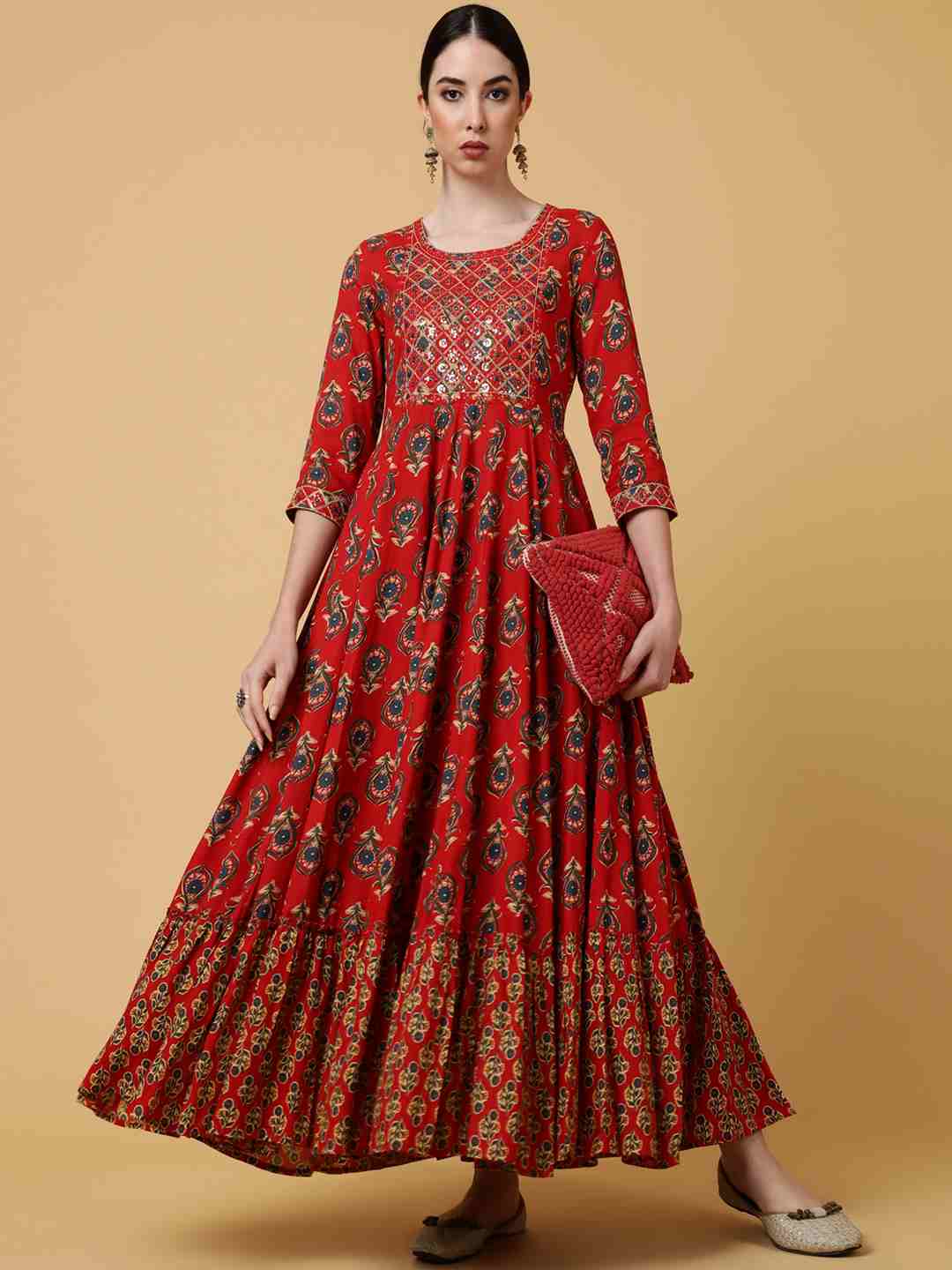 Rayon Ankle Length Printed Flared 3/4 Sleeves Round Kurta