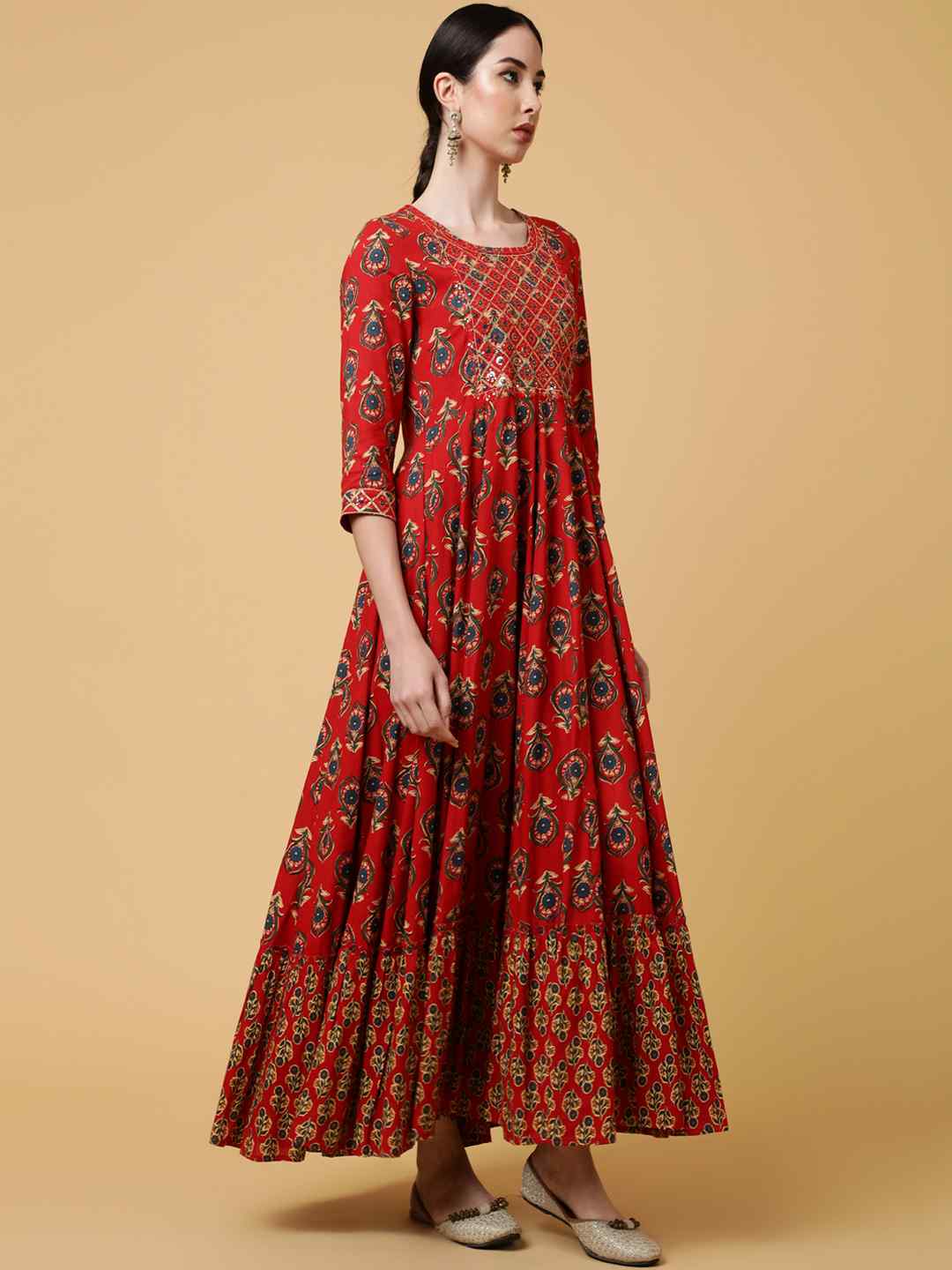 Rayon Ankle Length Printed Flared 3/4 Sleeves Round Kurta