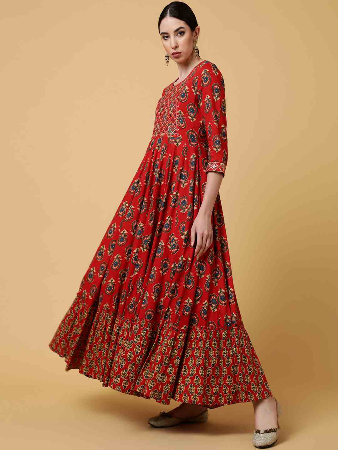 Rayon Ankle Length Printed Flared 3/4 Sleeves Round Kurta