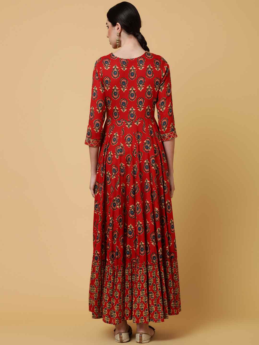 Rayon Ankle Length Printed Flared 3/4 Sleeves Round Kurta
