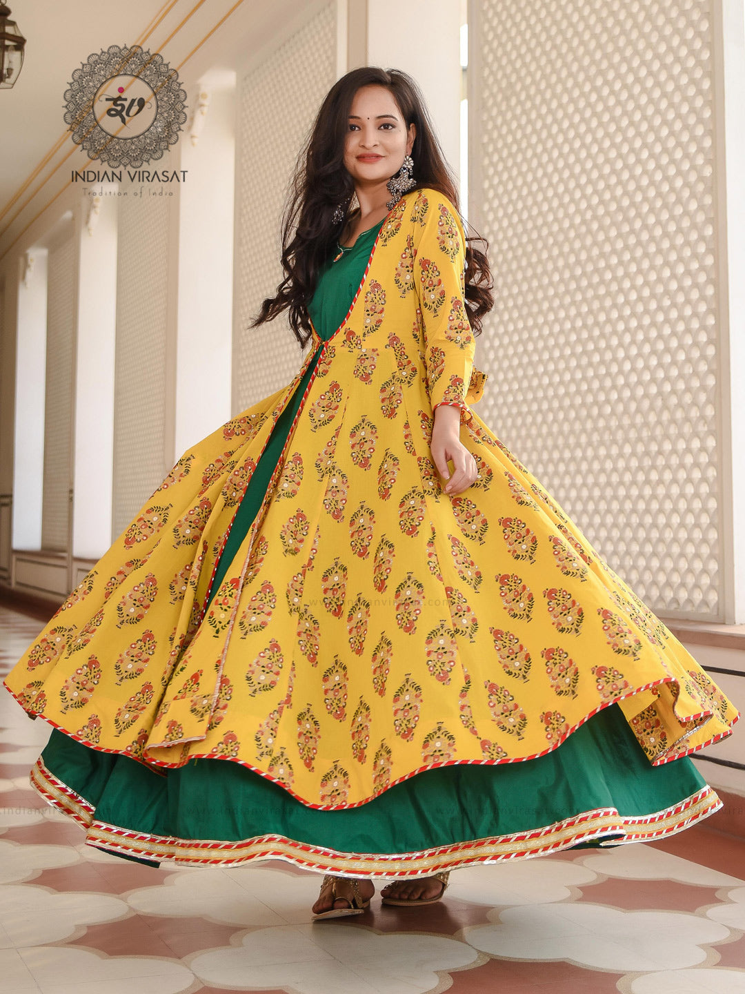 Marigold Yellow Floral Boota Cape With Embroidered Inner