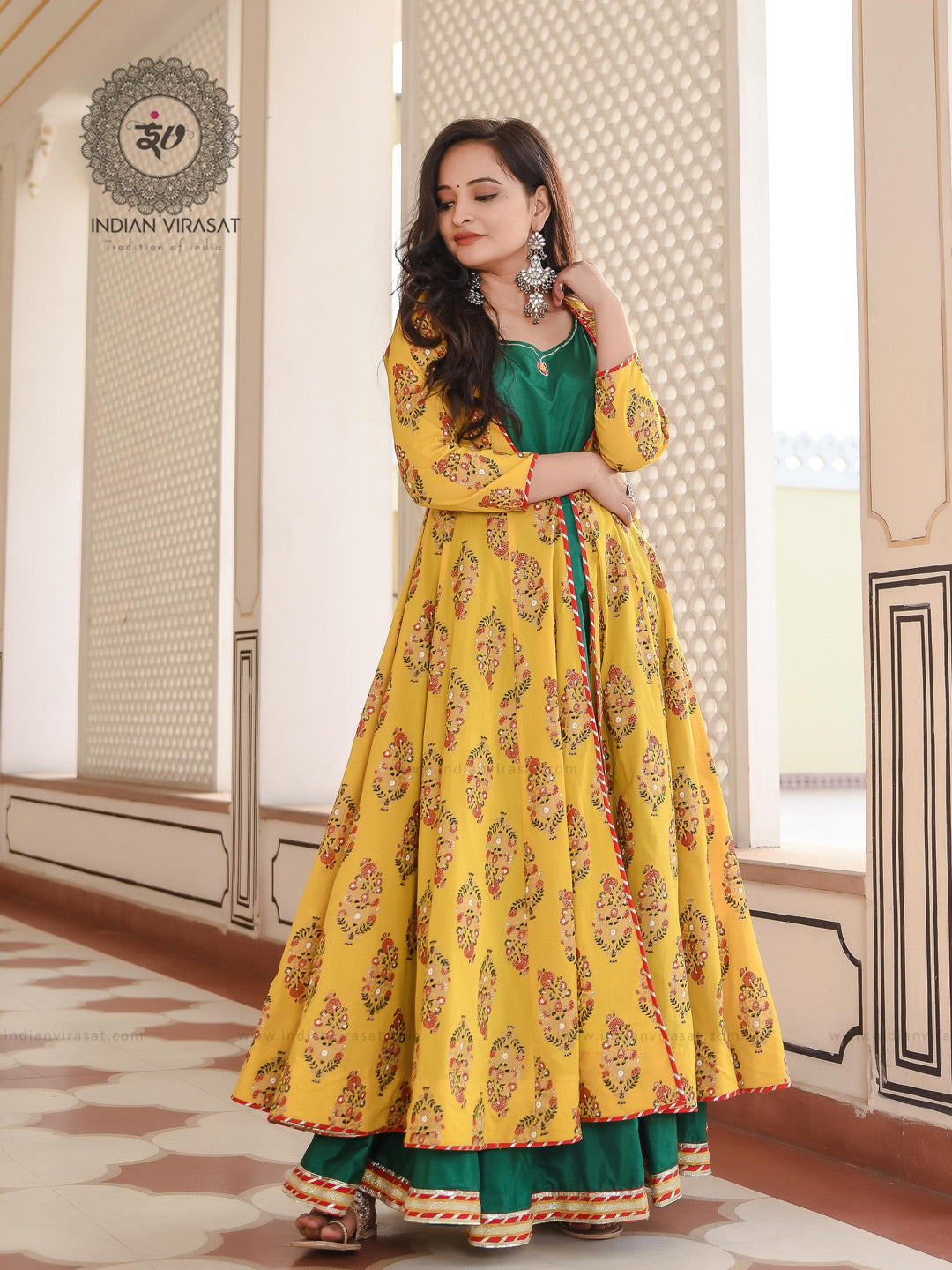 Marigold Yellow Floral Boota Cape With Embroidered Inner