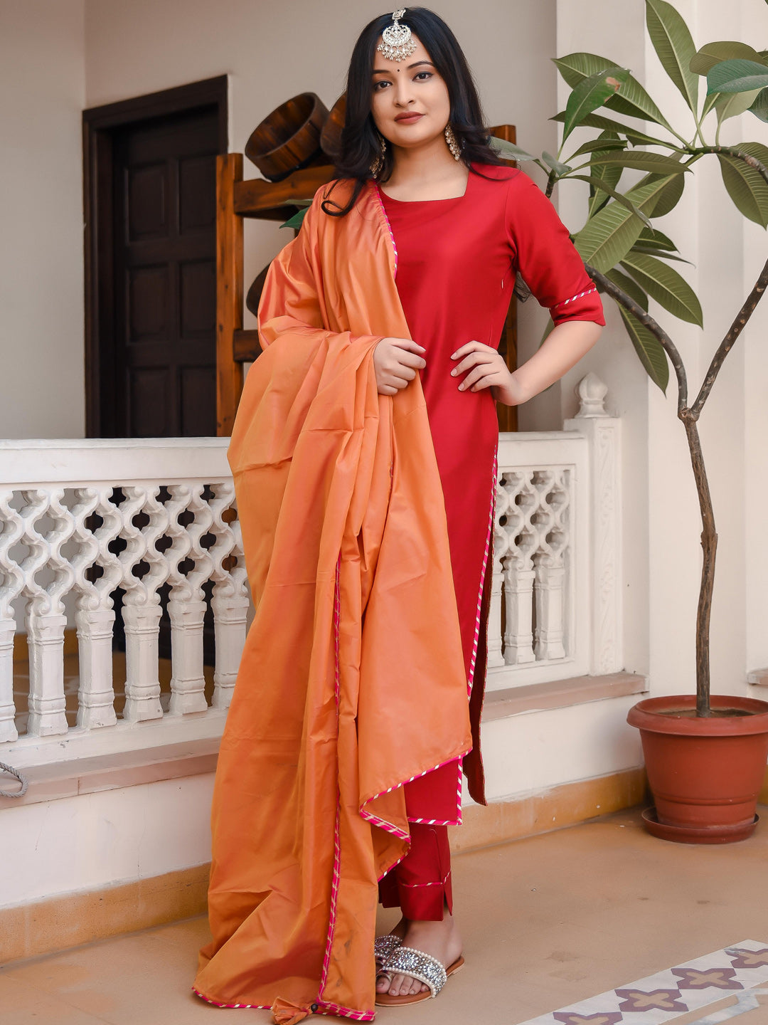 Rose Red Suit With Contrast Dupatta