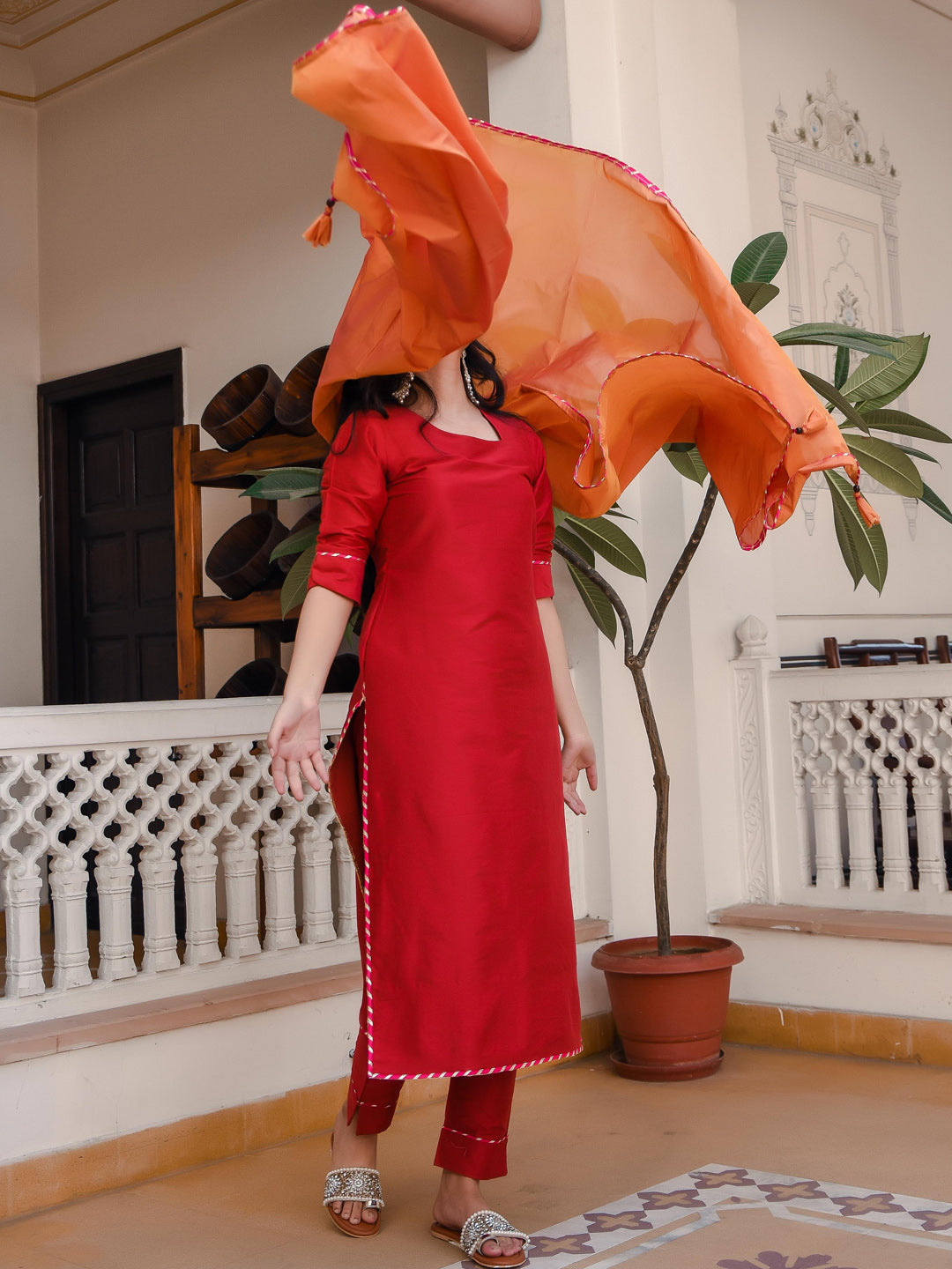 Rose Red Suit With Contrast Dupatta