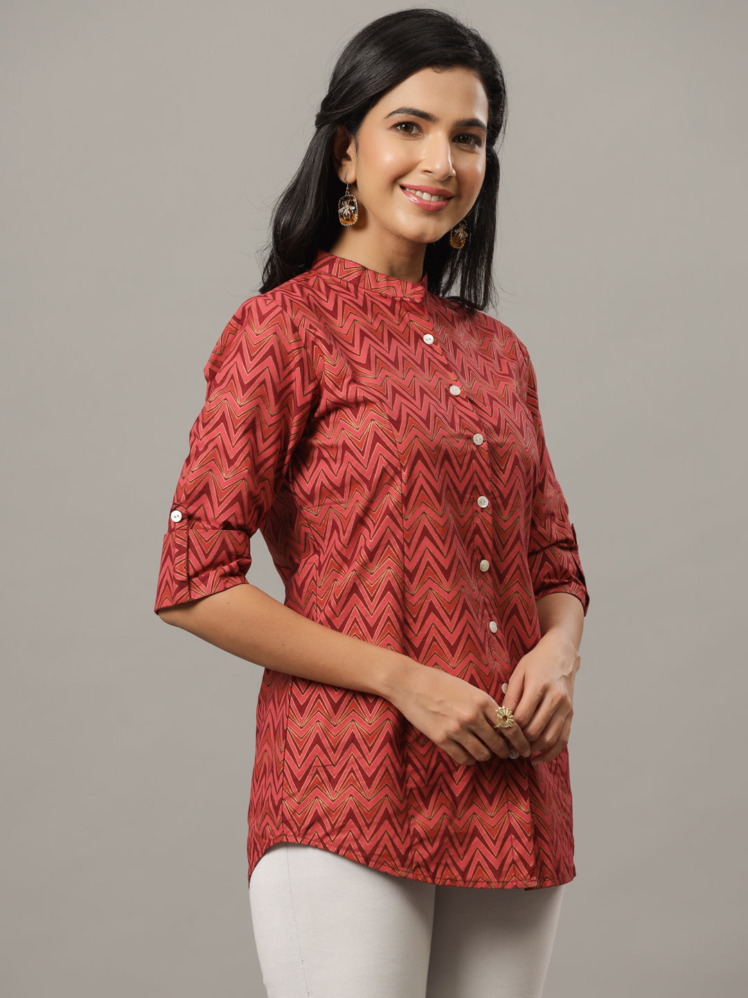Red Regular Fit Zig Zag Print Casual Shirt