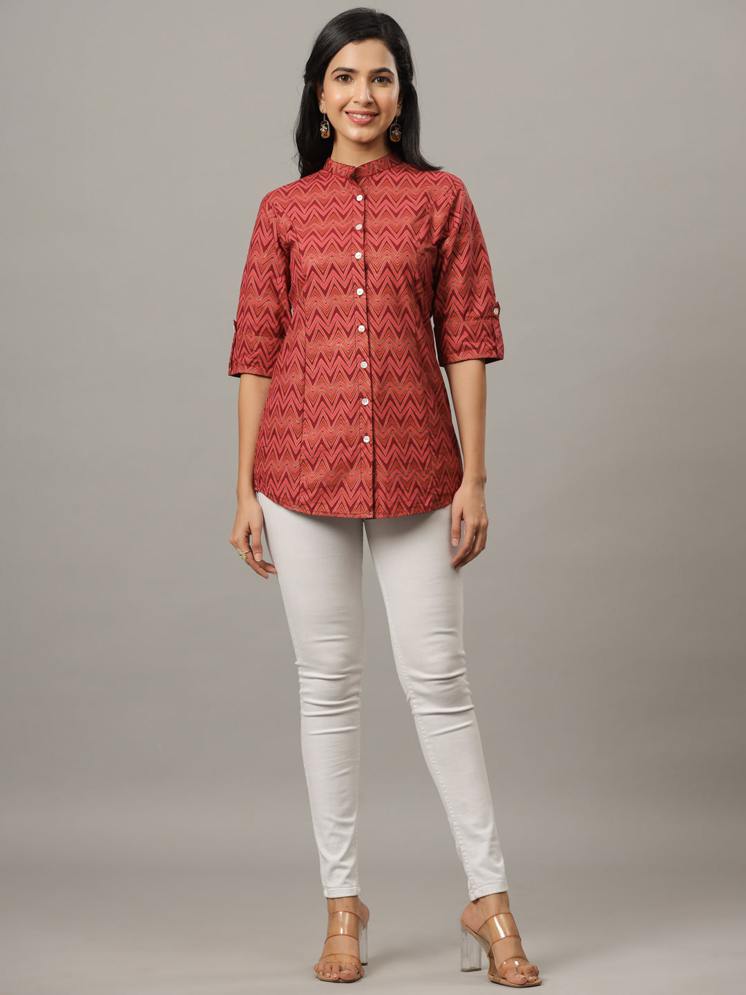 Red Regular Fit Zig Zag Print Casual Shirt