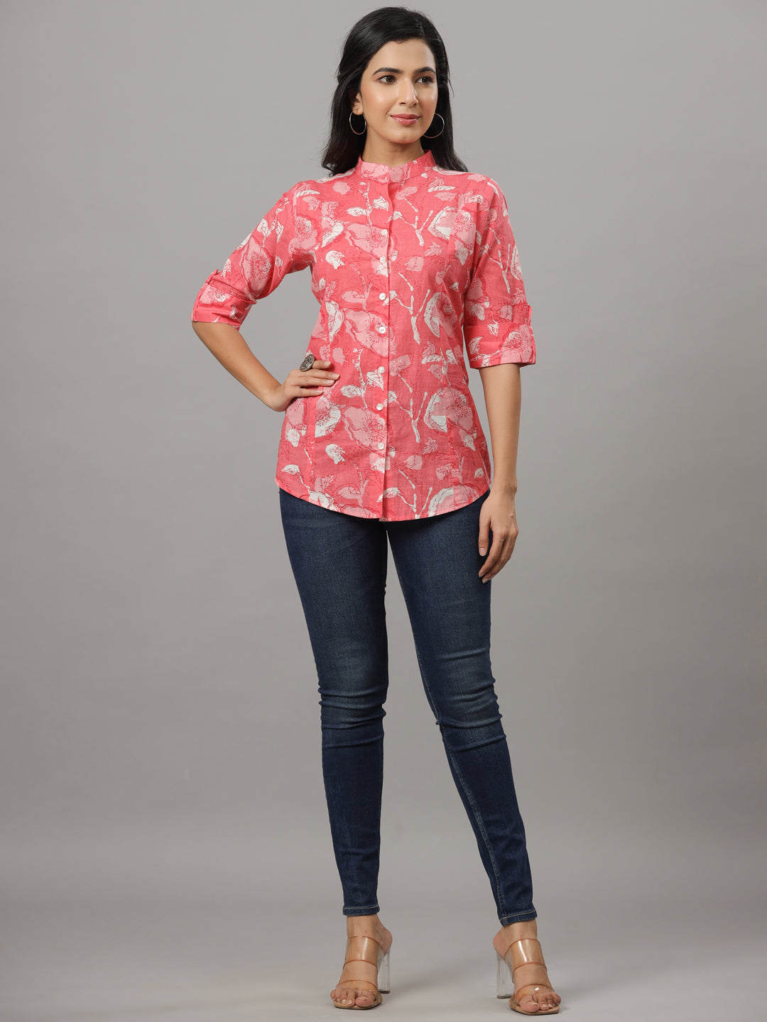Peach Floral Printed Causal Shirt