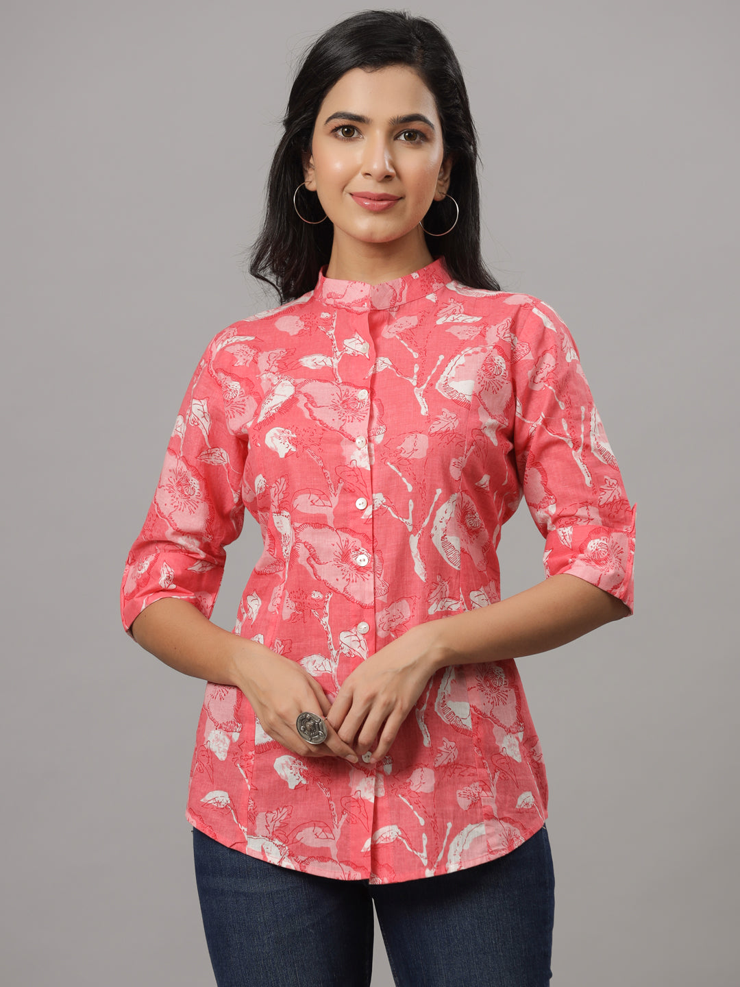 Peach Floral Printed Causal Shirt