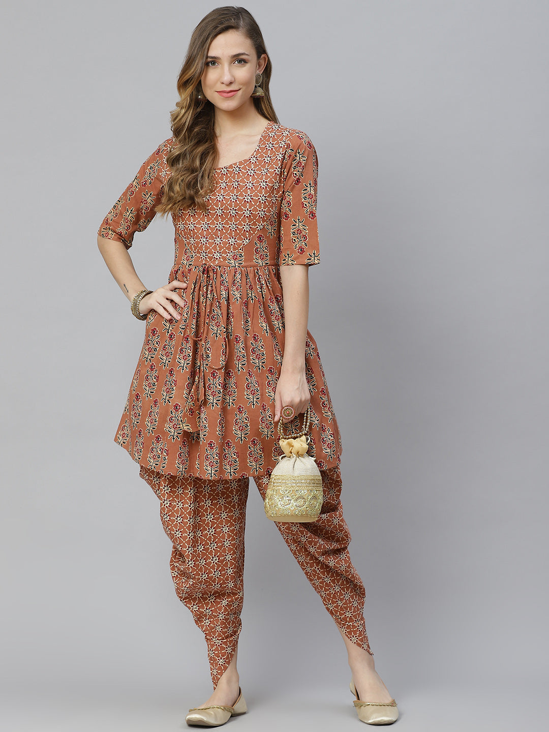 Printed Pure Cotton Above Knee Round Neck Kurta Set
