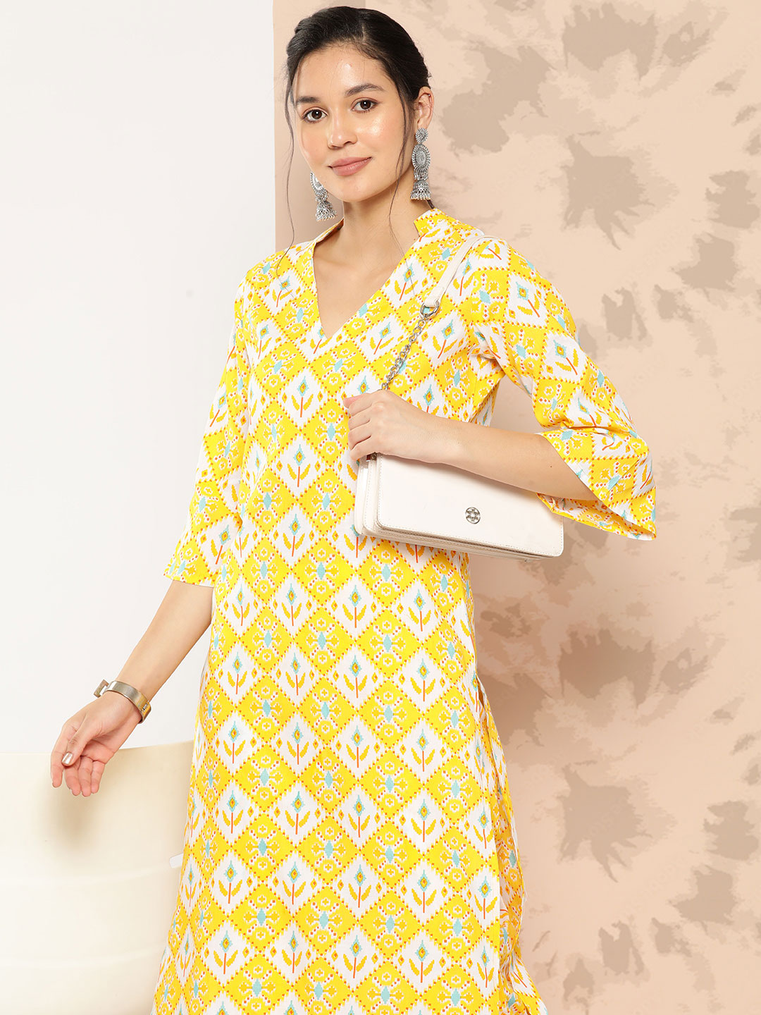 Printed Pure Cotton Calf Length V Neck Kurta Set
