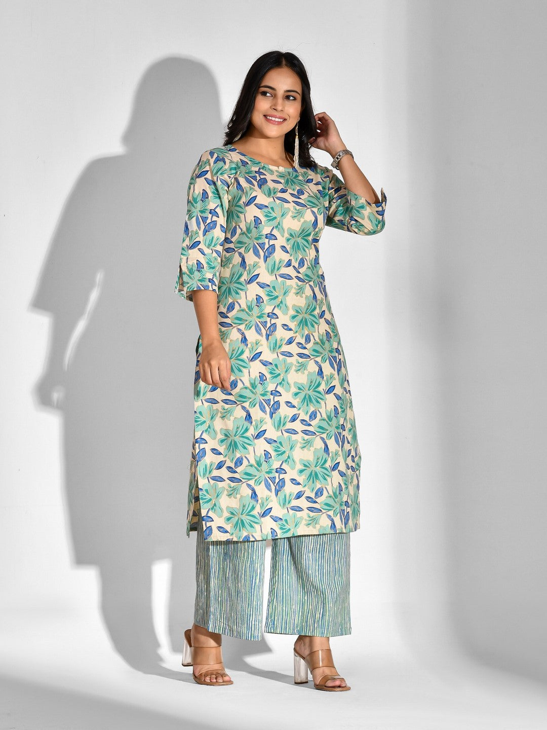 Printed Pure Cotton 3/4 Sleeve Kurta And Palazzo Set