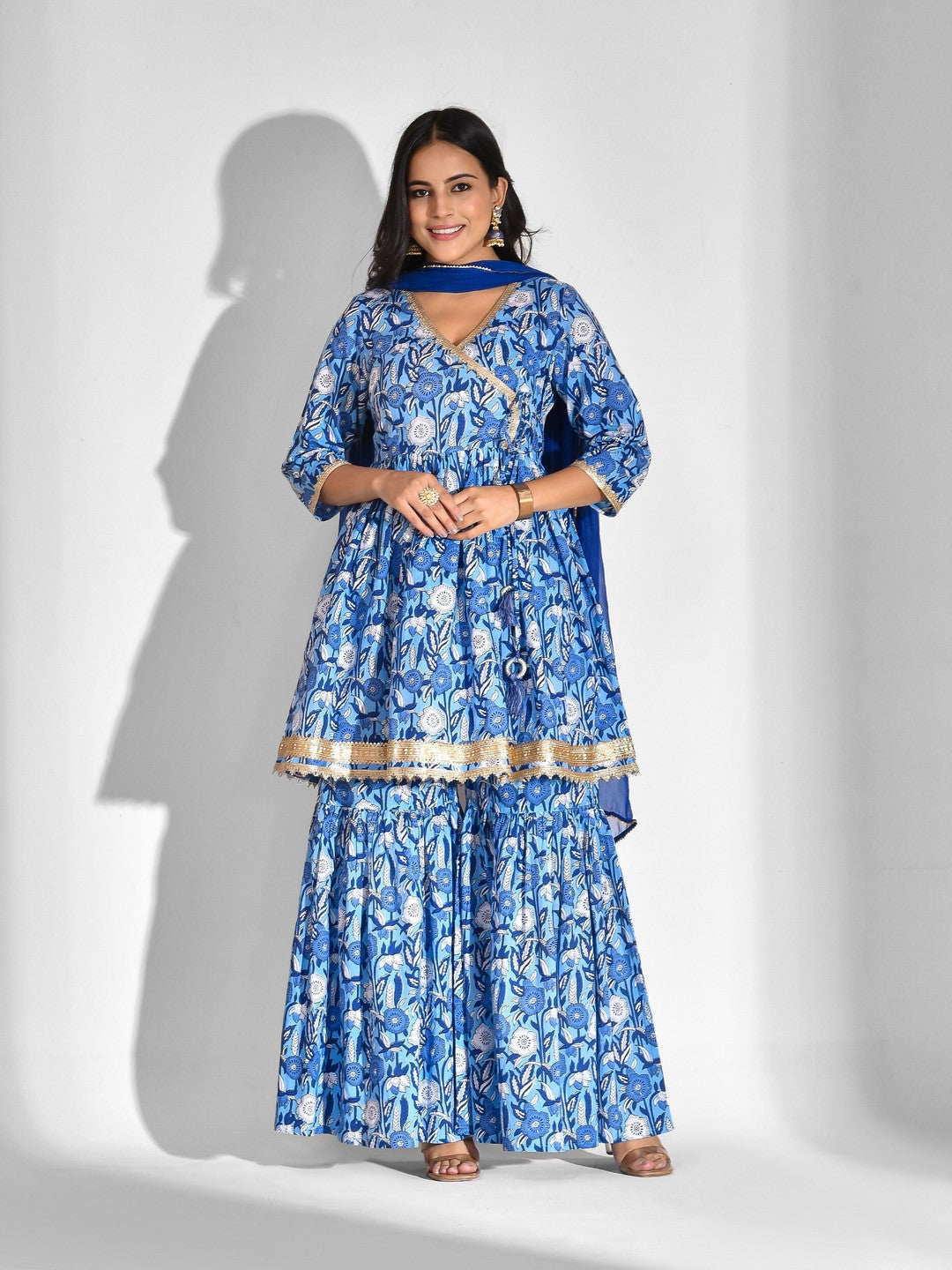 Printed Pure Cotton 3/4 Sleeve Kurta And Sharara Set With Dupatta