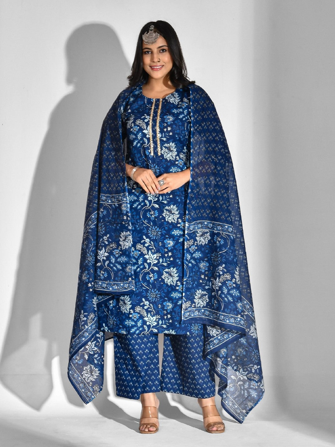 Printed Pure Cotton 3/4 Sleeve Kurta And Palazzo Set With Dupatta