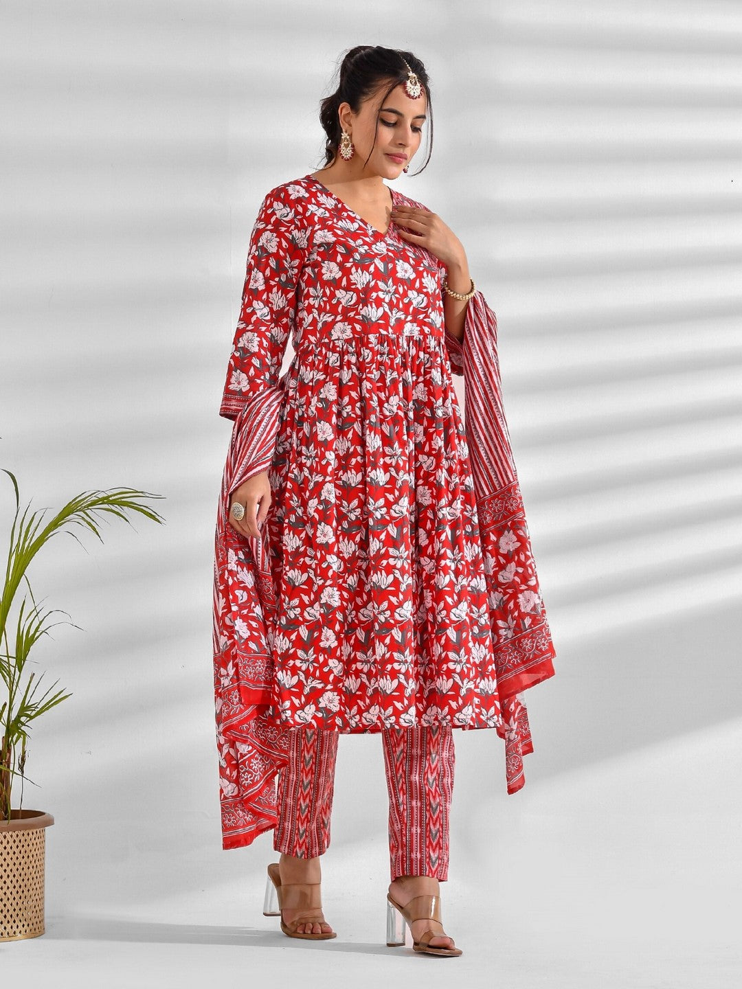 Printed Pure Cotton 3/4 Sleeve Kurta And Trouser Set With Dupatta