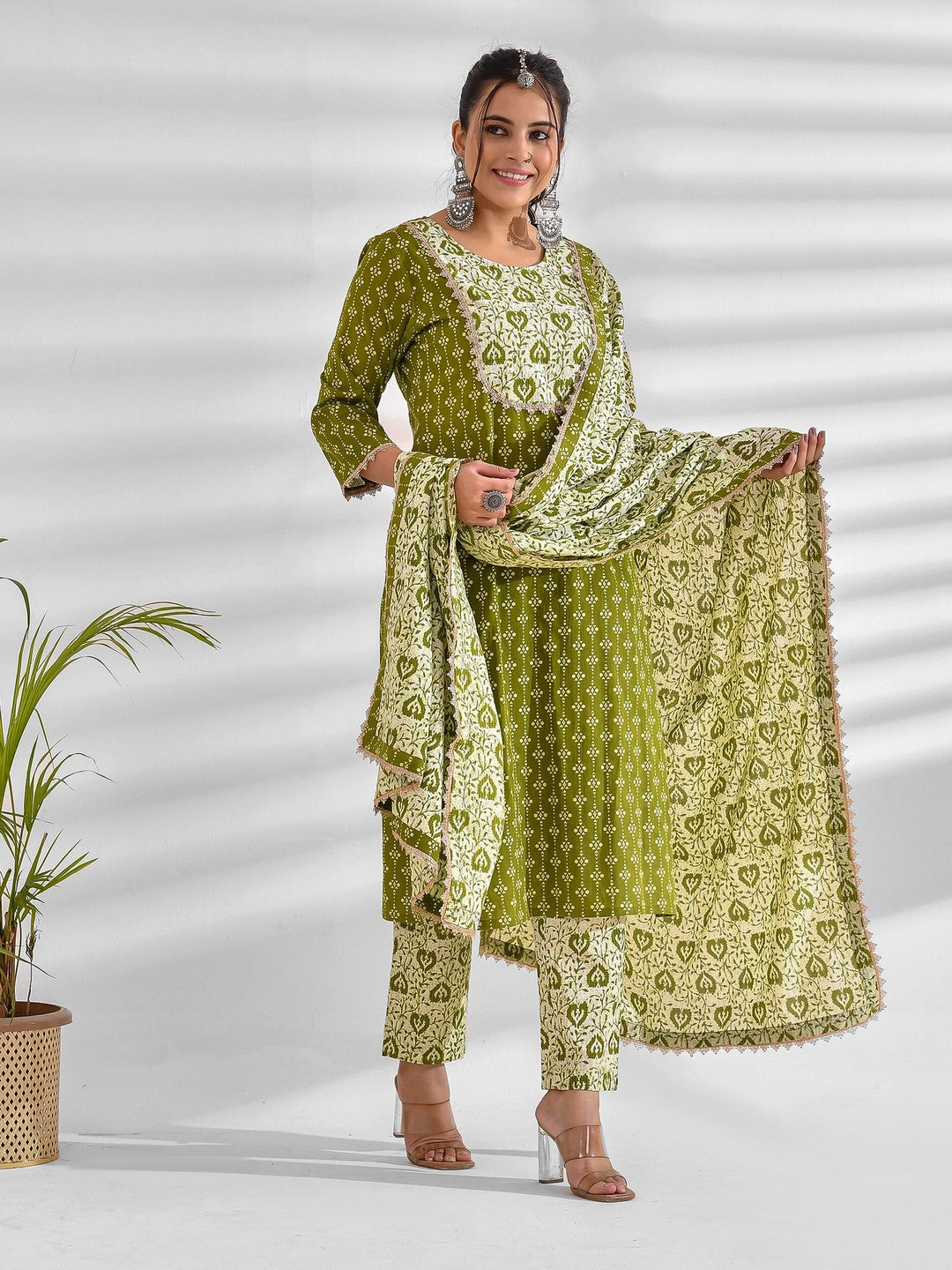 Printed Pure Cotton 3/4 Sleeve Kurta And Trouser Set With Dupatta