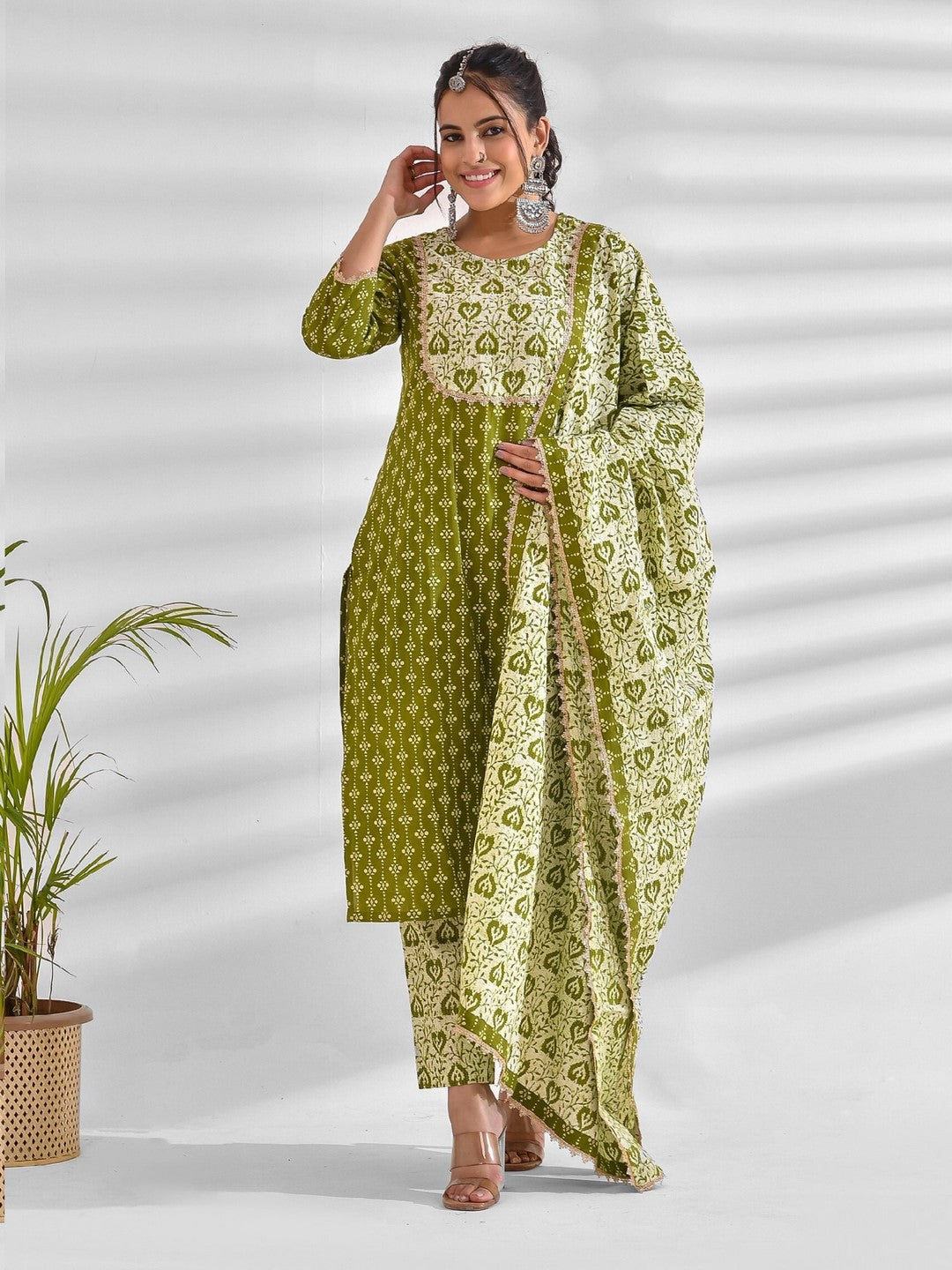 Printed Pure Cotton 3/4 Sleeve Kurta And Trouser Set With Dupatta