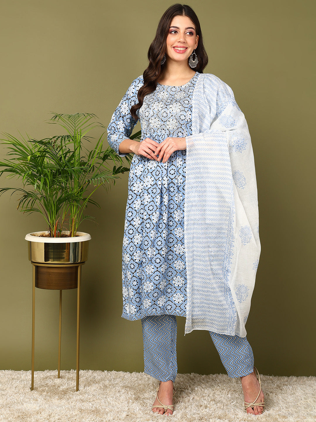 Printed Viscose Rayon 3/4 Sleeve Kurta And Trouser Set With Dupatta