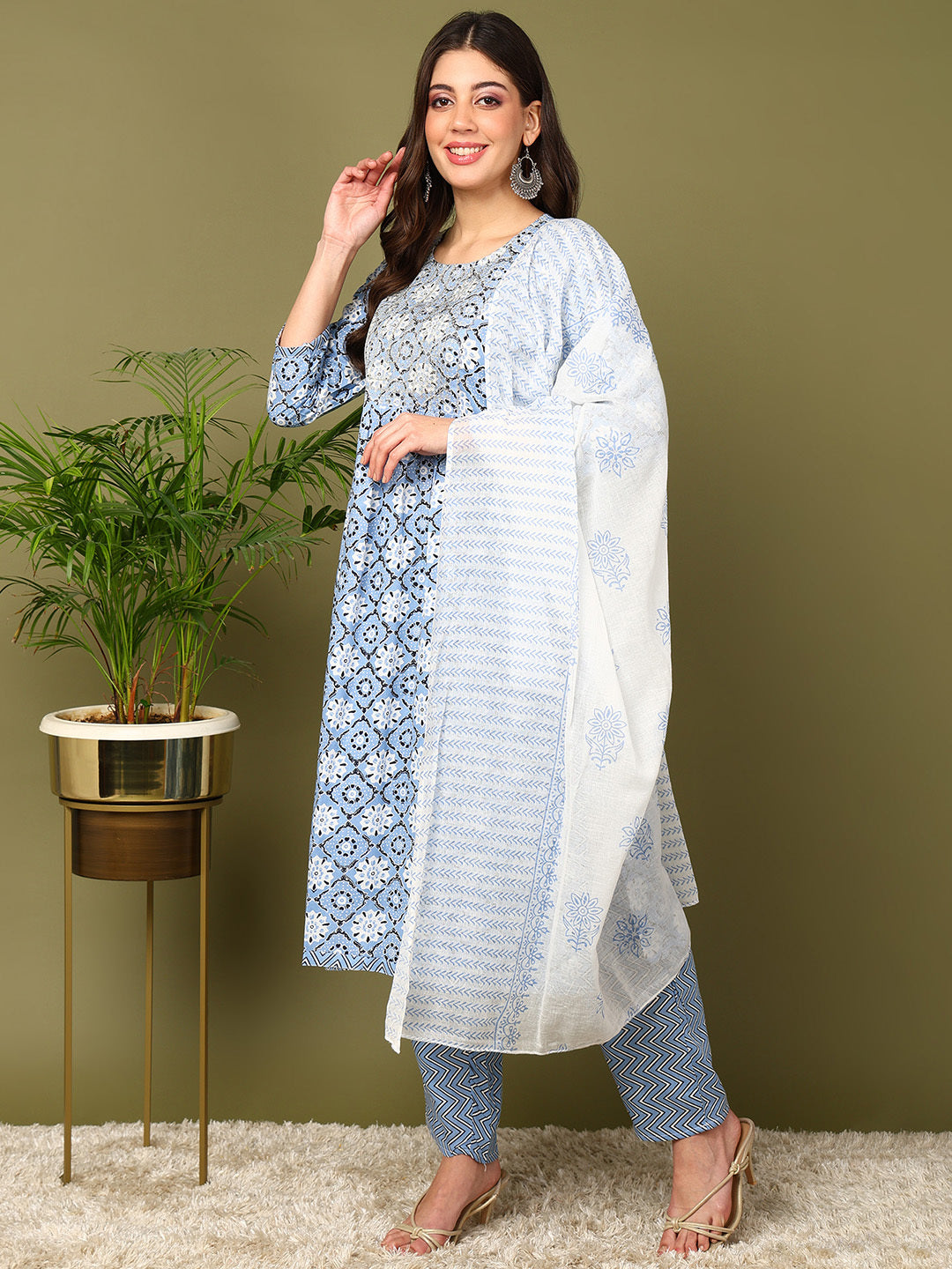 Printed Viscose Rayon 3/4 Sleeve Kurta And Trouser Set With Dupatta